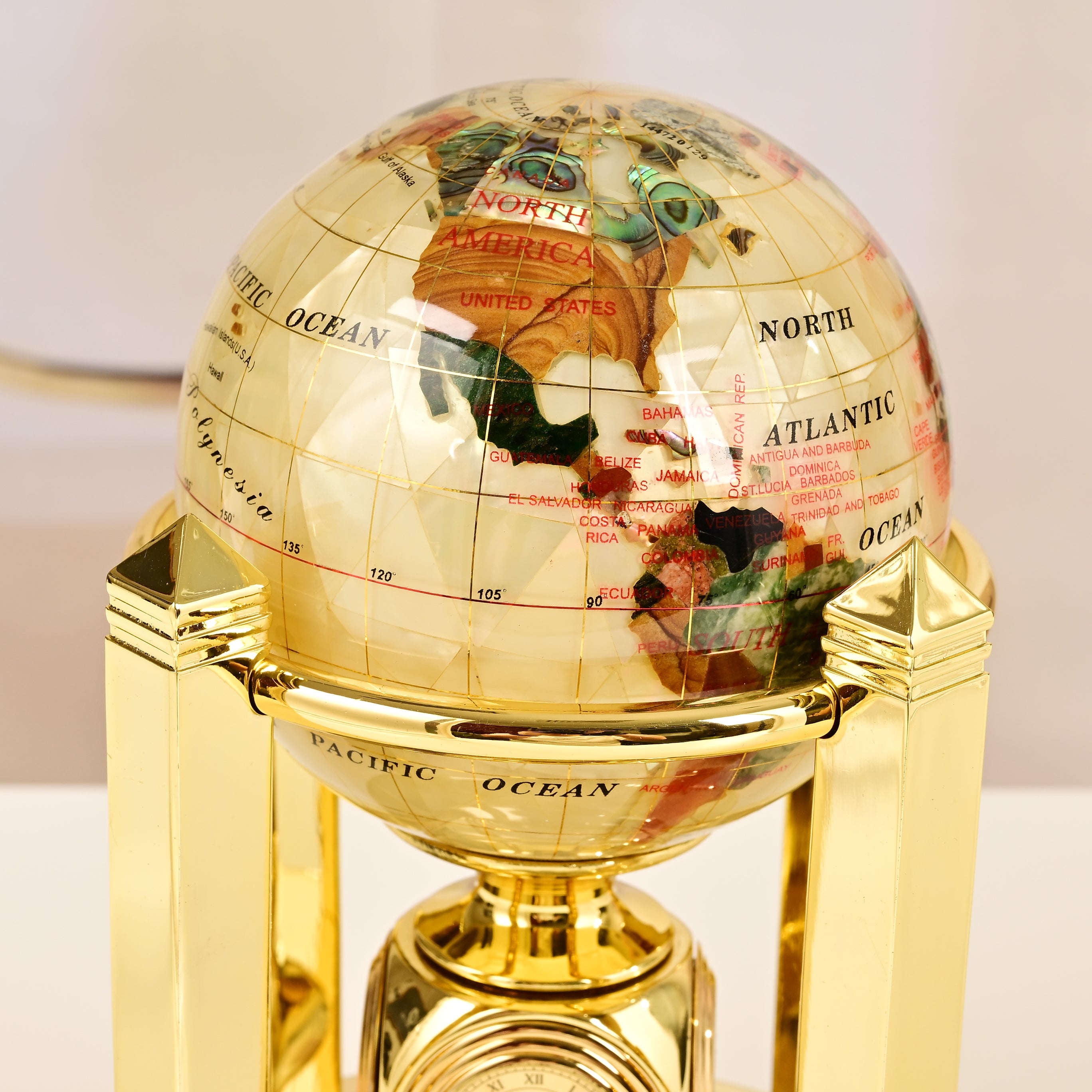 8.5" Tall Gemstone Globe with 4" Mother of Pearl Diamond Cut Ocean on 24k Gold Plated Bi-directional rotating Stand