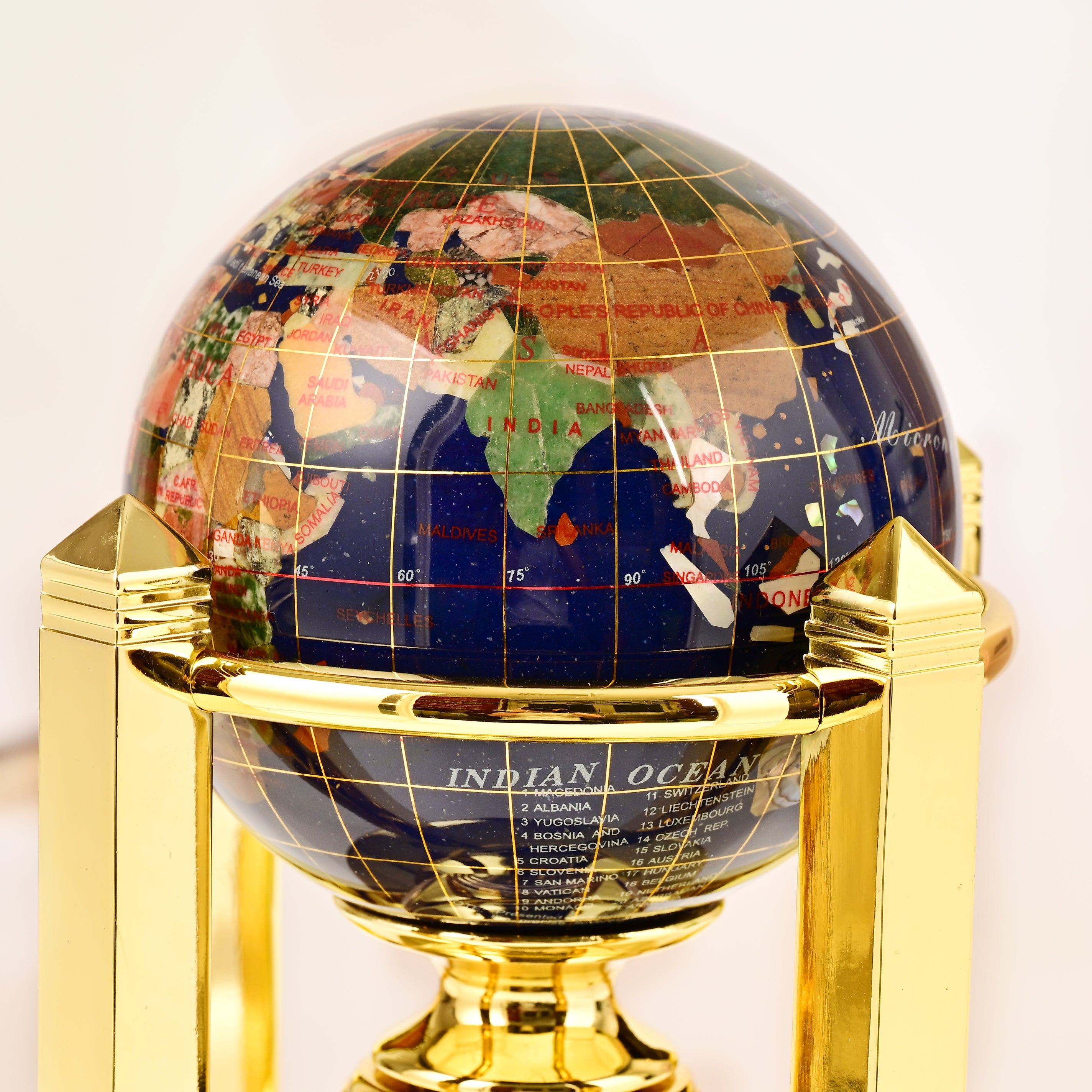 8.5" Tall Gemstone Globe with 4" Lapis Ocean on 24k Gold Plated Bi-directional rotating Stand