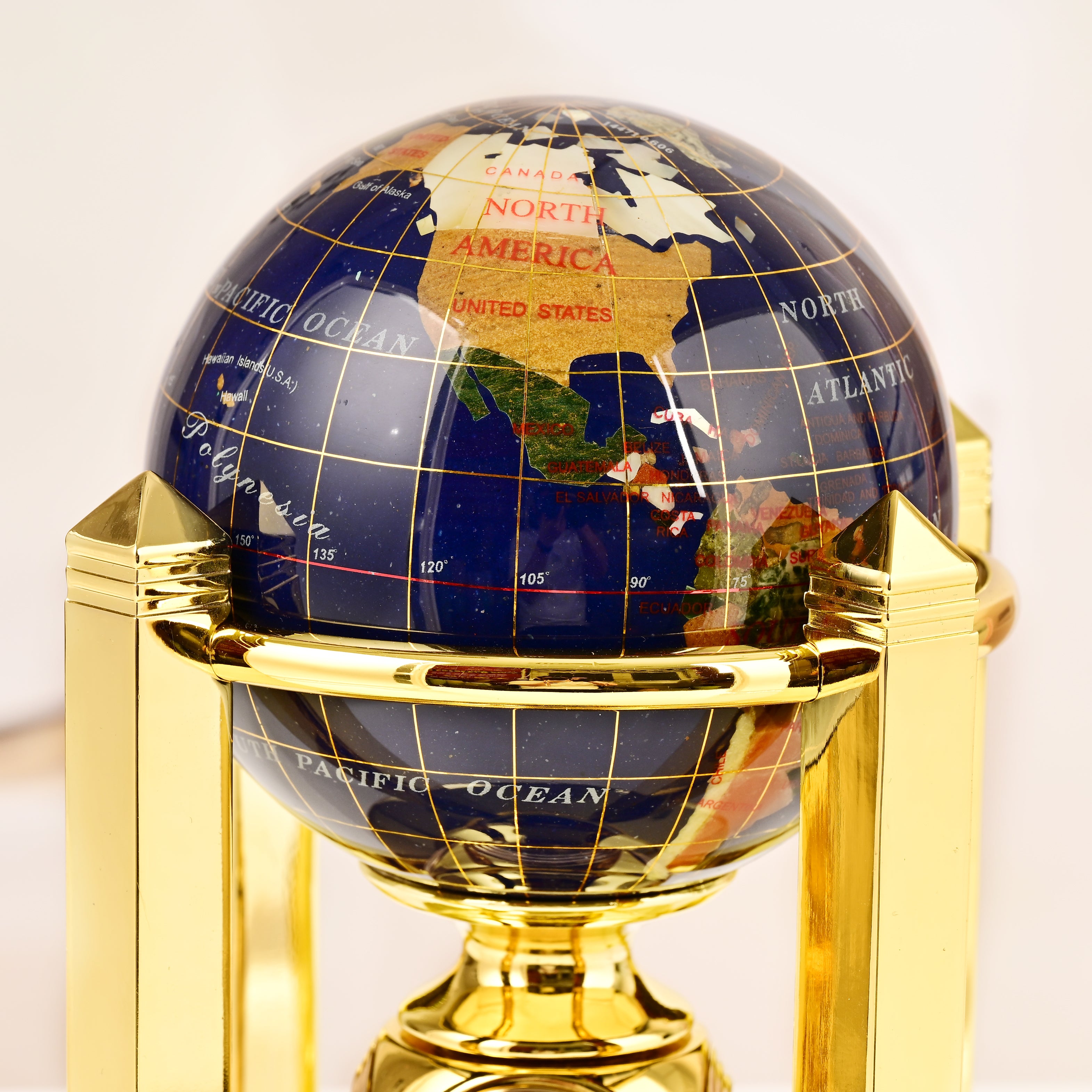 8.5" Tall Gemstone Globe with 4" Lapis Ocean on 24k Gold Plated Bi-directional rotating Stand