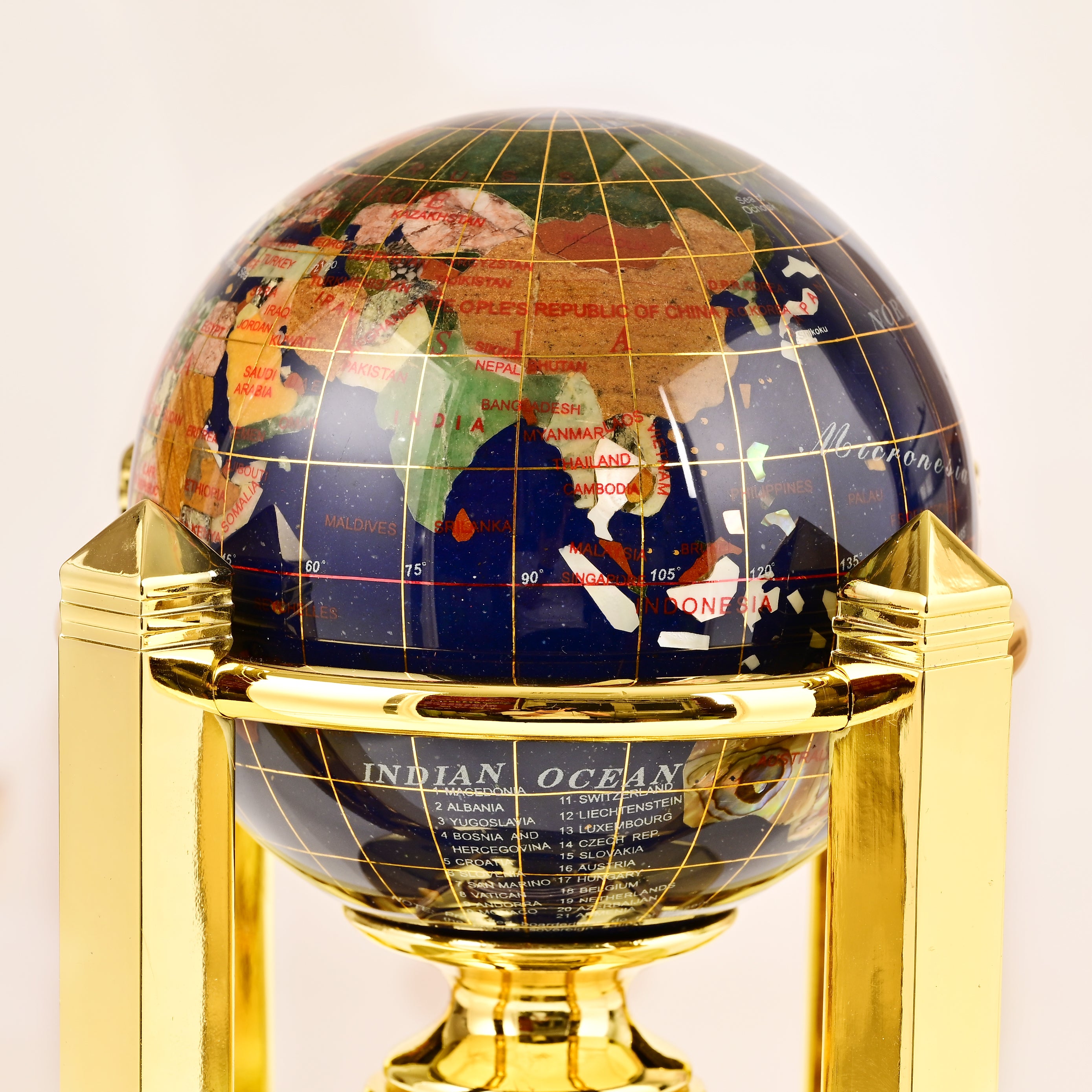 8.5" Tall Gemstone Globe with 4" Lapis Ocean on 24k Gold Plated Bi-directional rotating Stand