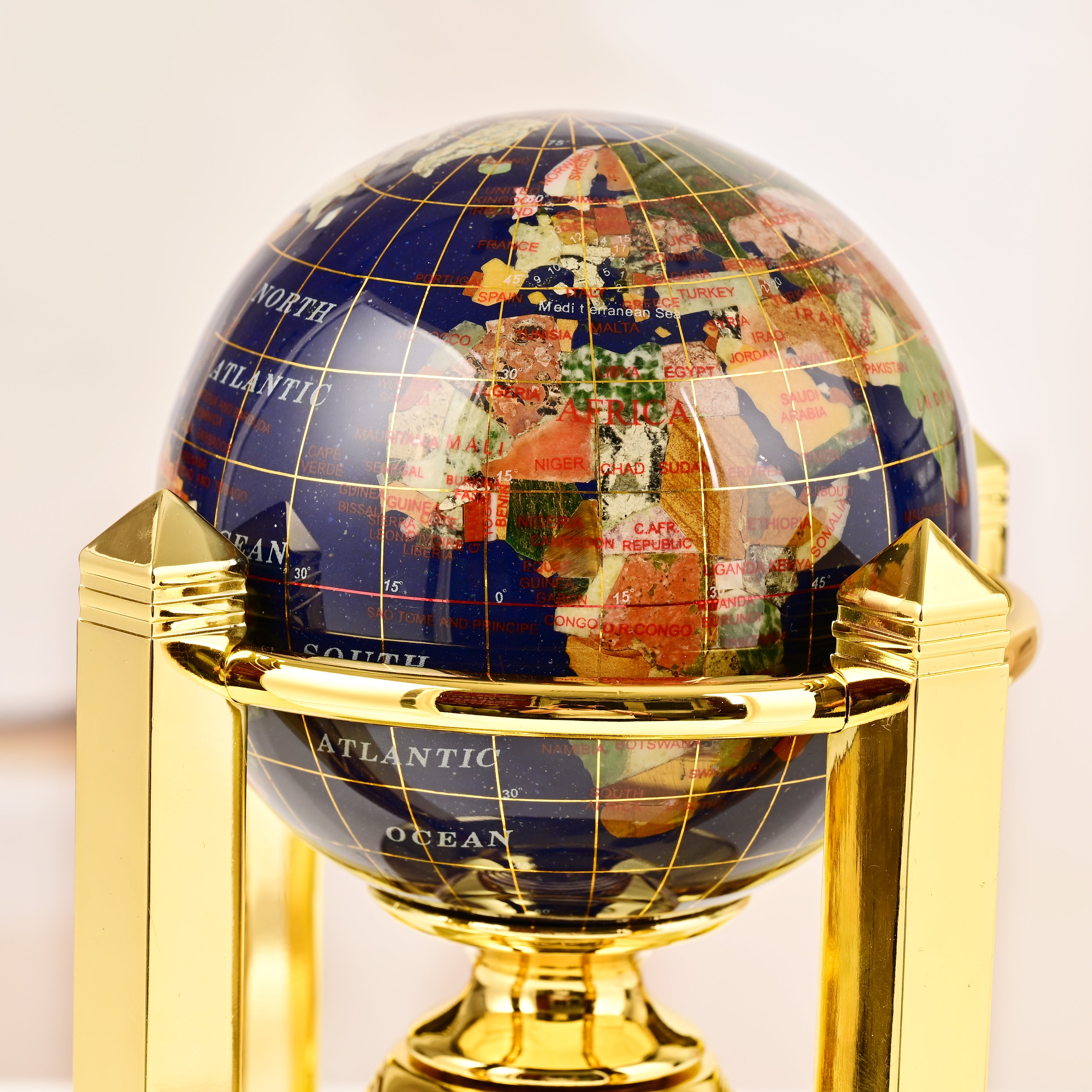 8.5" Tall Gemstone Globe with 4" Lapis Ocean on 24k Gold Plated Bi-directional rotating Stand