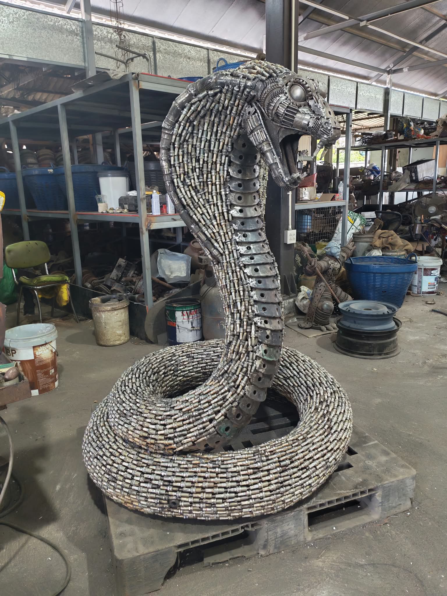 Spark Plug Cobra Recycled Metal Sculpture - 5 ft