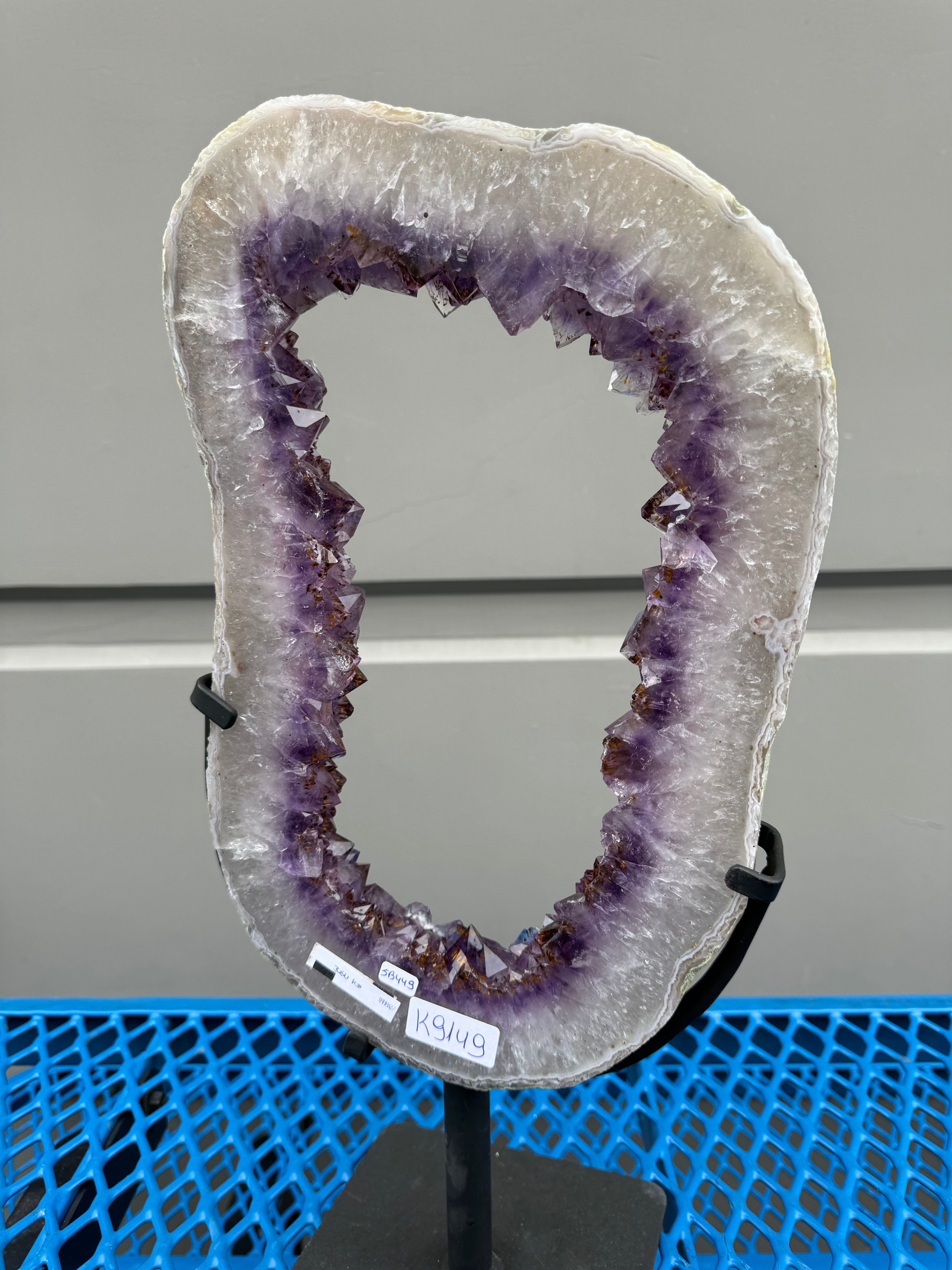 Amethyst Geode Ring Slice (with Rutile Crystals) from Brazil on Custom Stand- 19" / 8 lbs