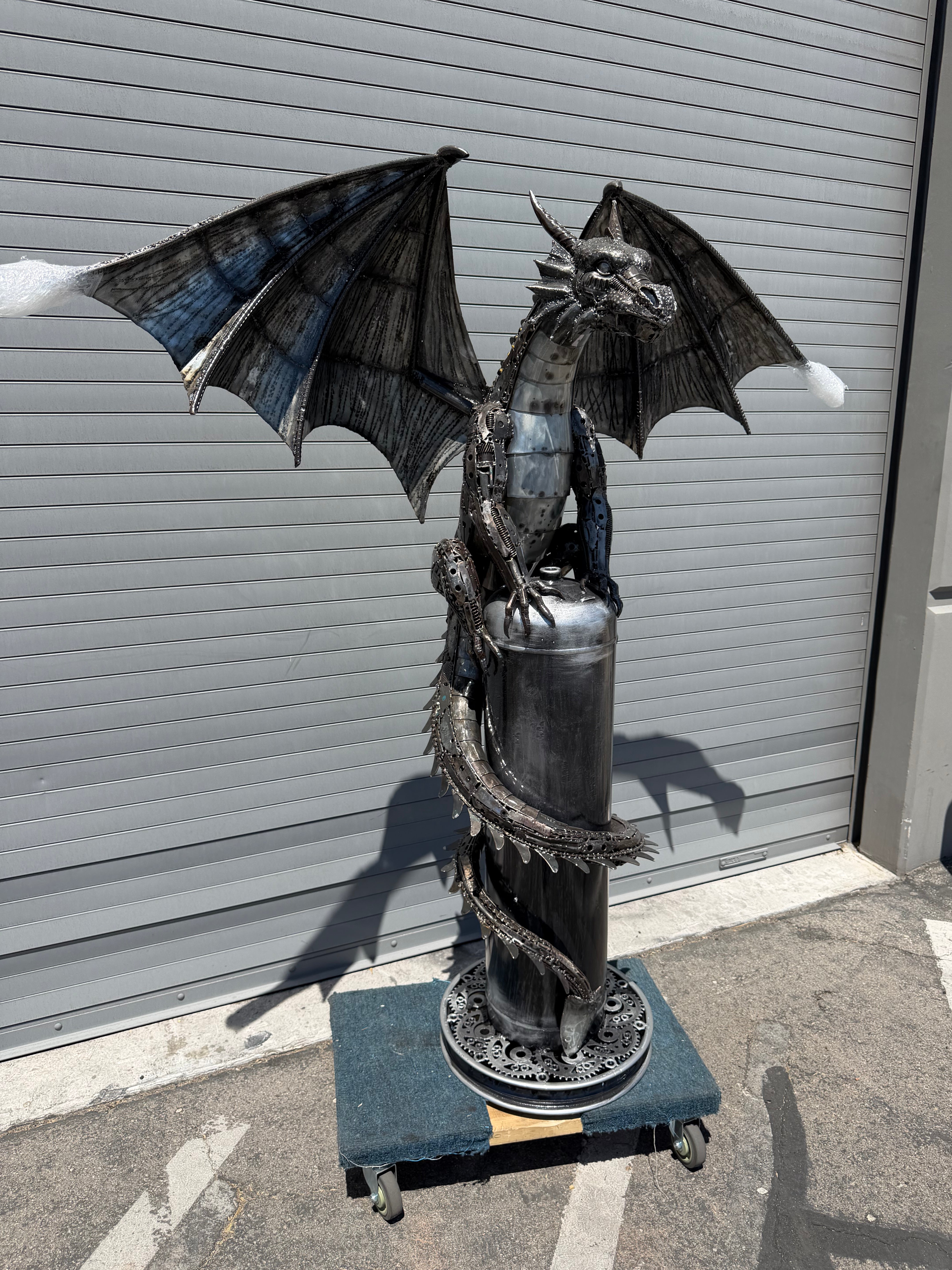Sitting Dragon Recycled Metal Sculpture - 6.5 ft tall