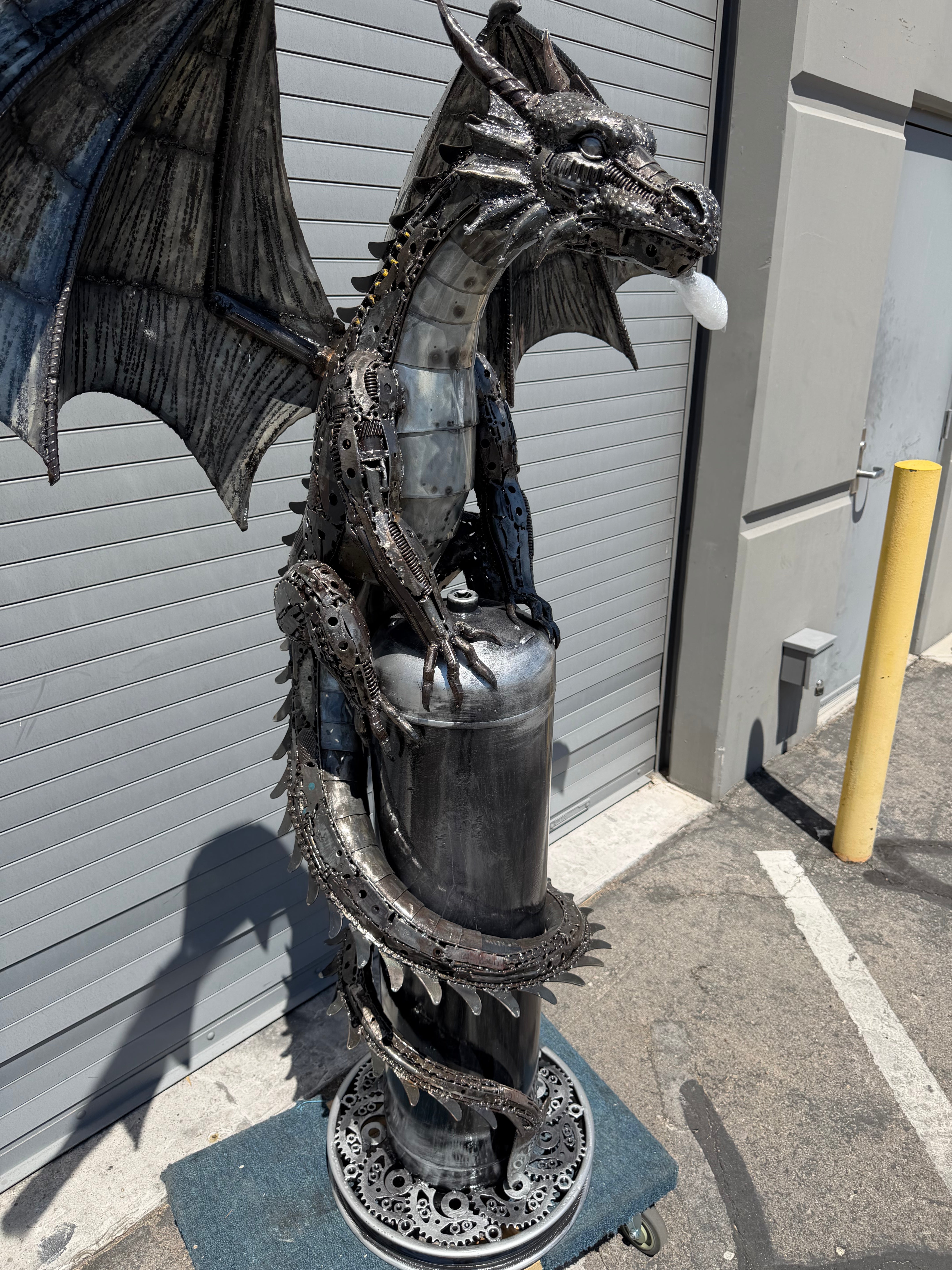 Sitting Dragon Recycled Metal Sculpture - 6.5 ft tall