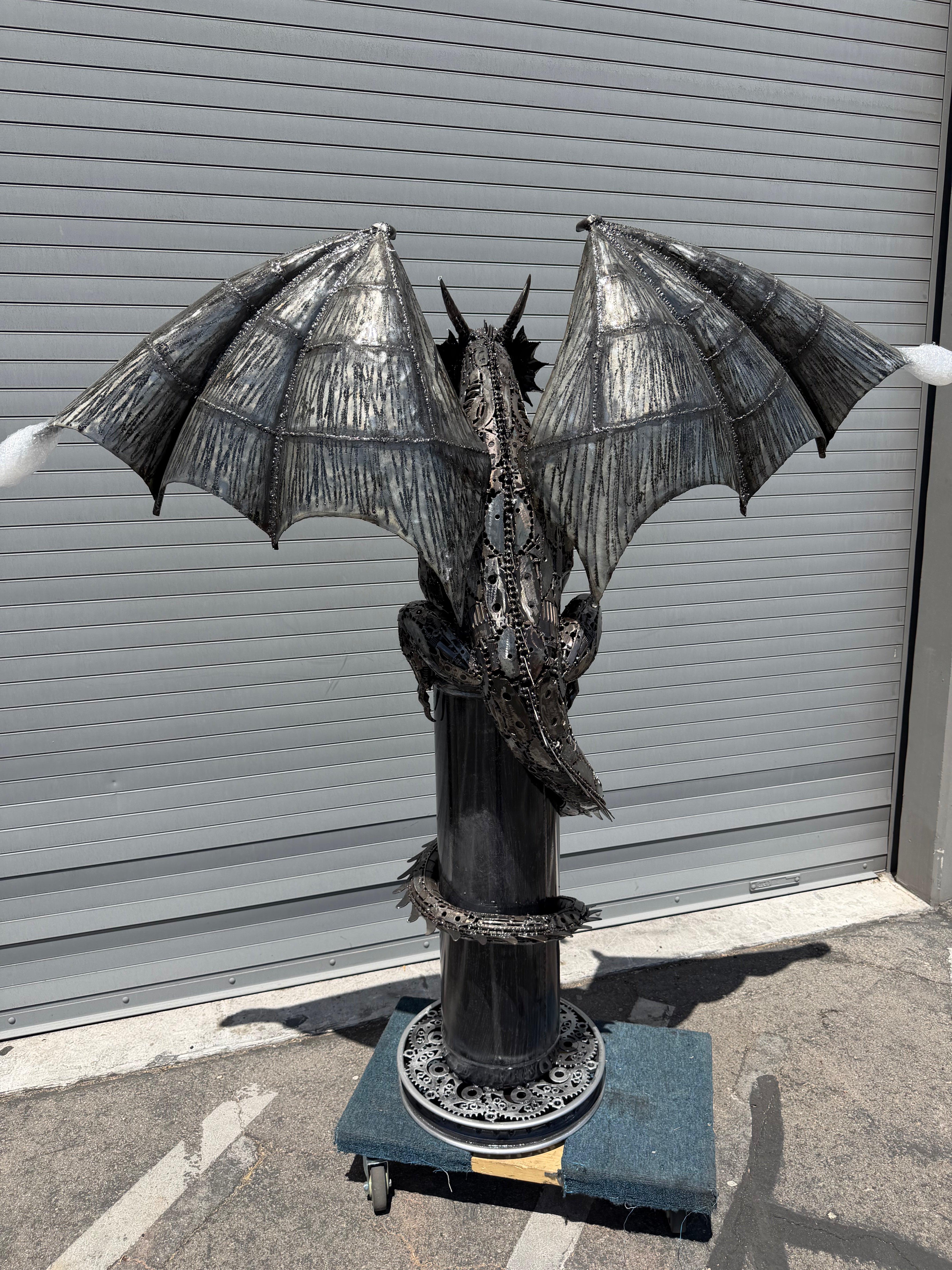 Sitting Dragon Recycled Metal Sculpture - 6.5 ft tall