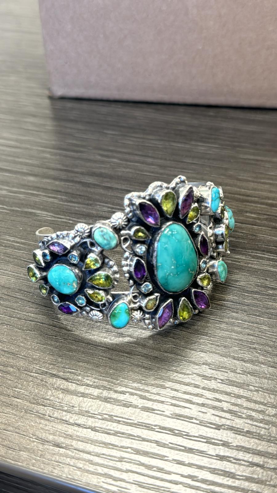 Leo Feeney Blue Carico Lake Turquoise, Amethyst, Peridot, and Blue Topaz USA Native American Made 925 Sterling Silver Cuff