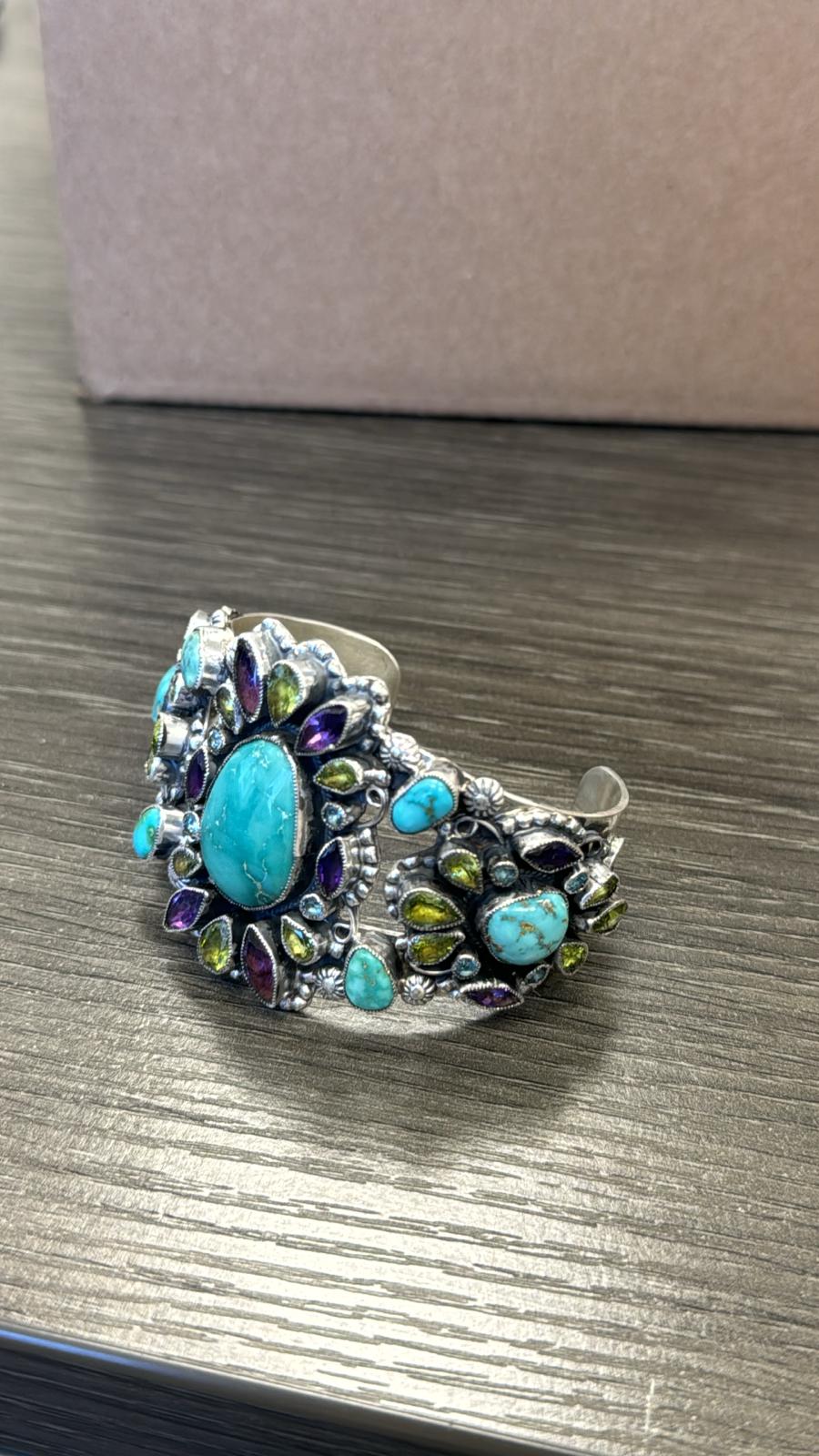 Leo Feeney Blue Carico Lake Turquoise, Amethyst, Peridot, and Blue Topaz USA Native American Made 925 Sterling Silver Cuff