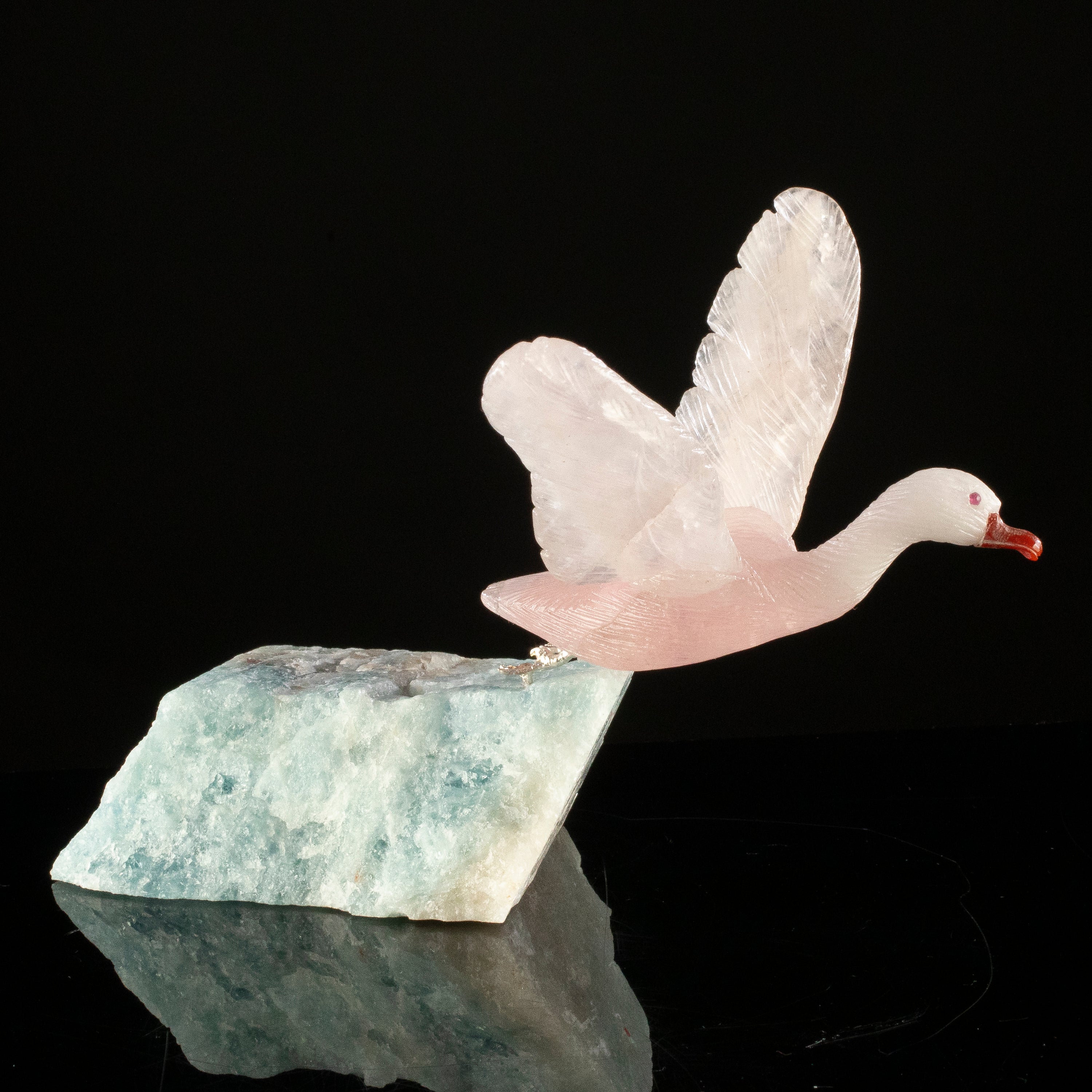 Peter Muller Rose Quartz Goose Carving on Aquamarine Base