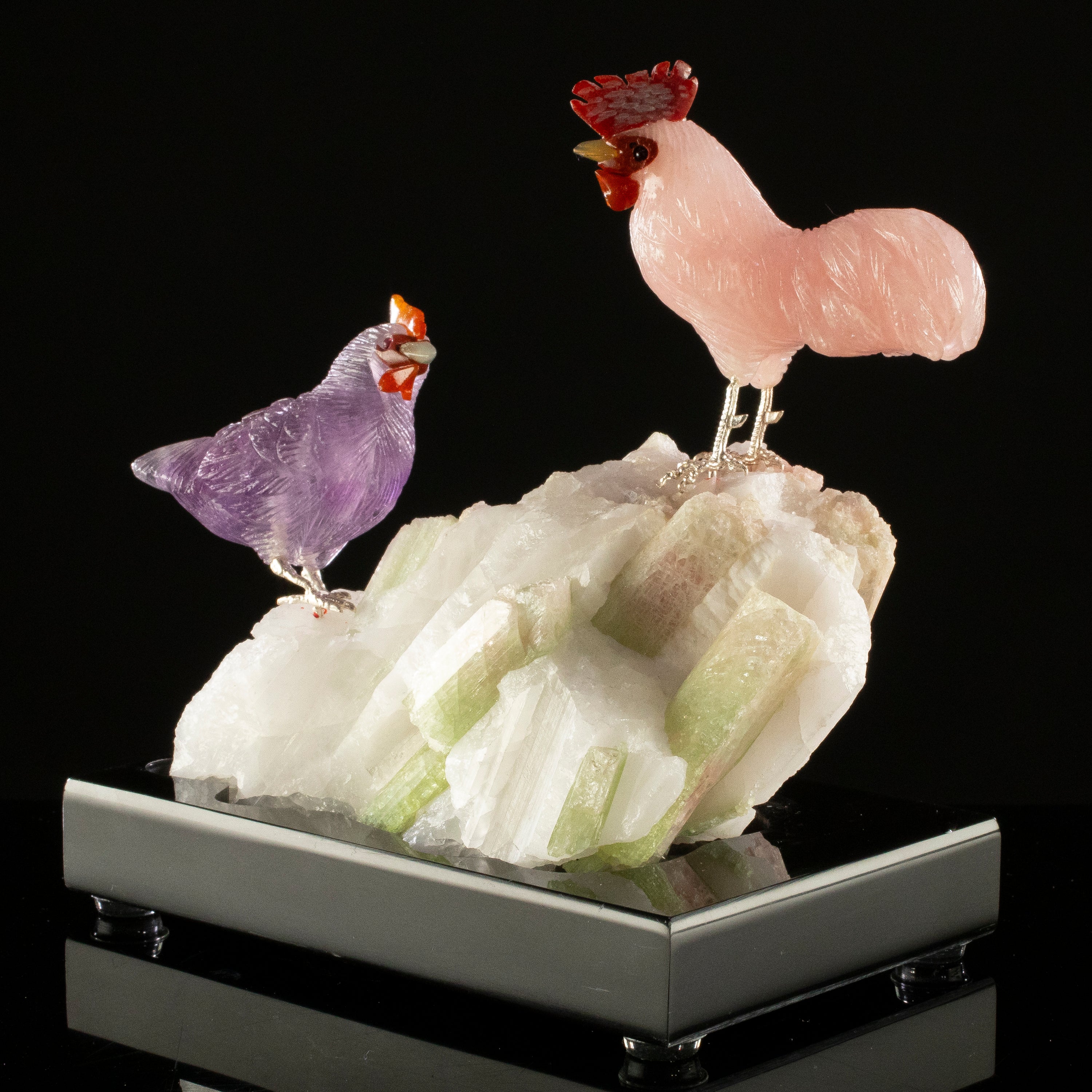 Peter Muller Amethyst & Rose Quartz Rooster Couple Carving on Watermelon Tourmaline Base