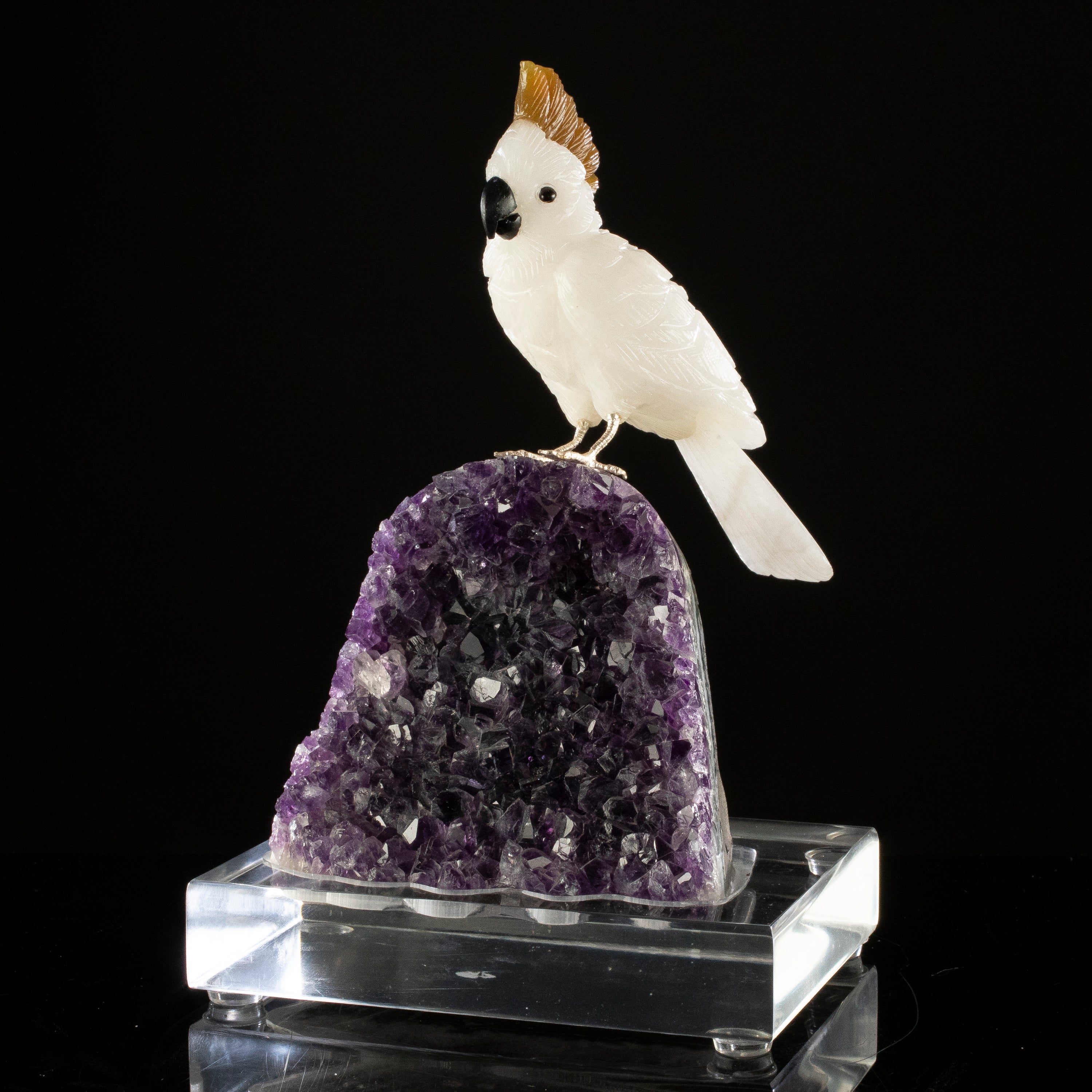 Peter Muller Quartz Cockatoo Carving on Amethyst Geode Base