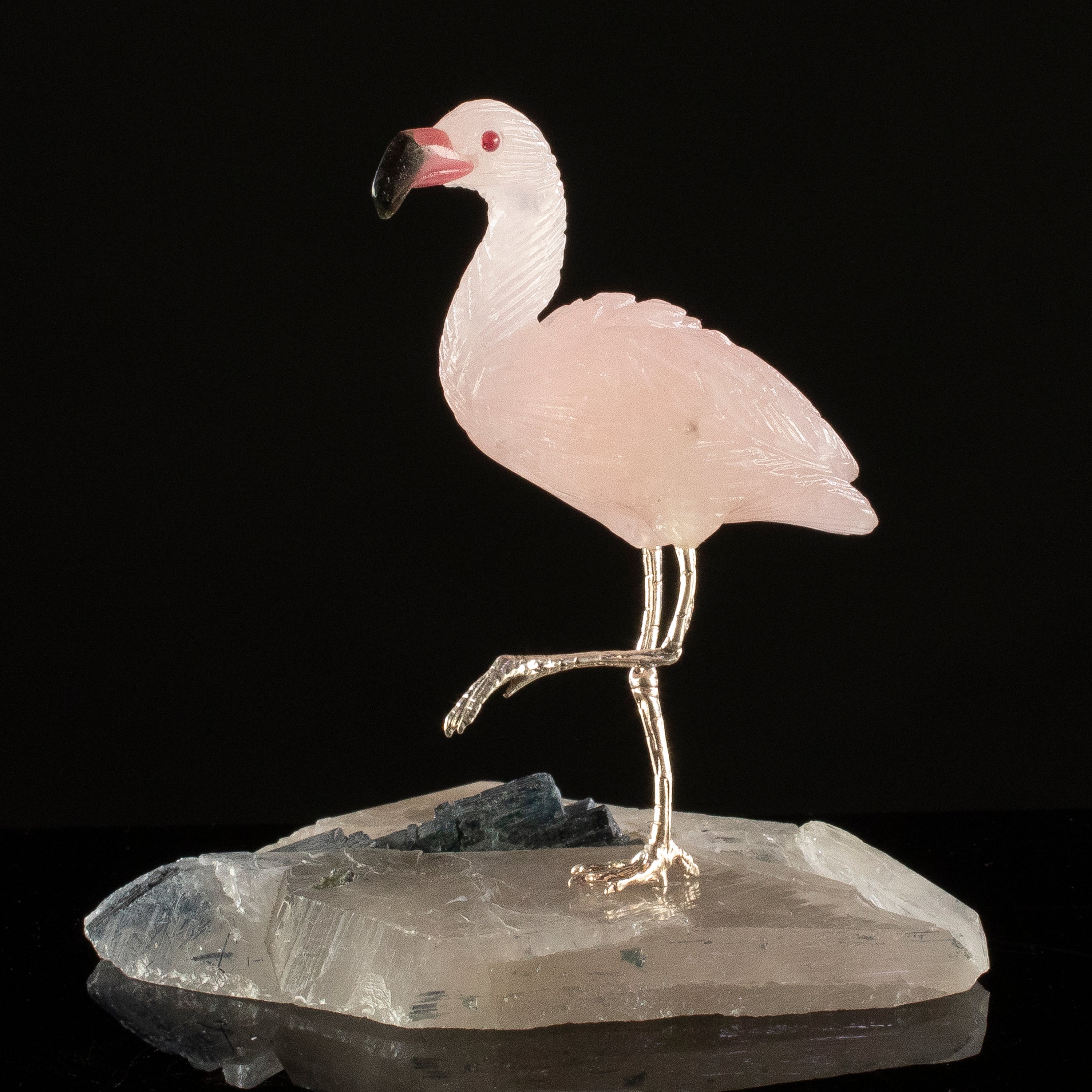 Peter Muller Rose Quartz Flamingo Carving on Tourmaline Base