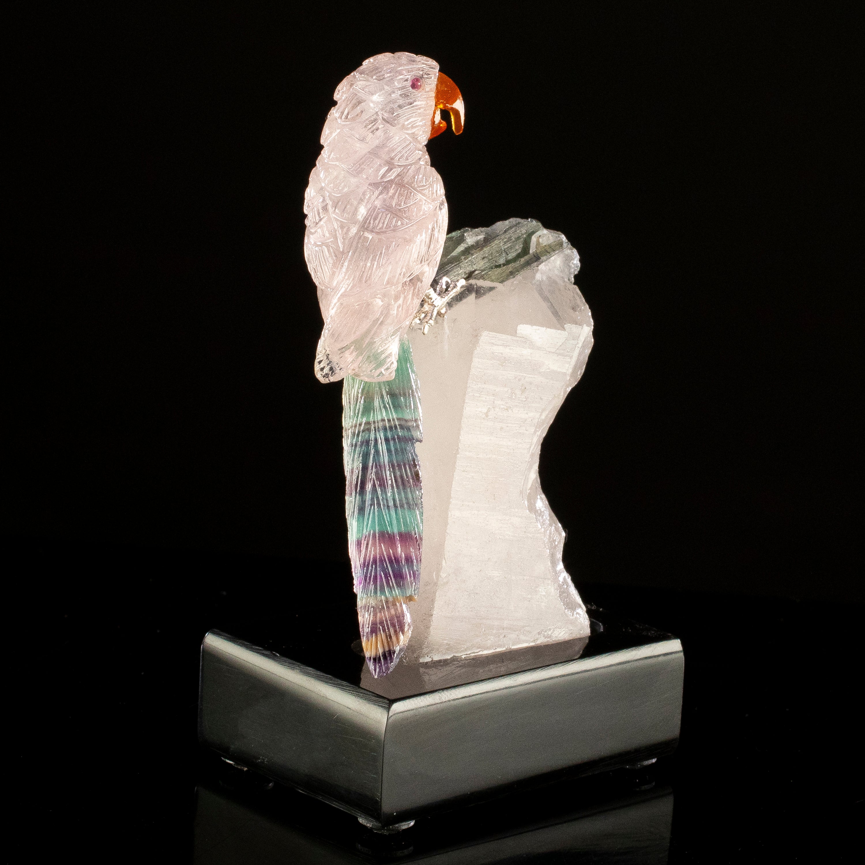 Peter Muller Rose Quartz & Fluorite Macaw Carving on Tourmaline Base