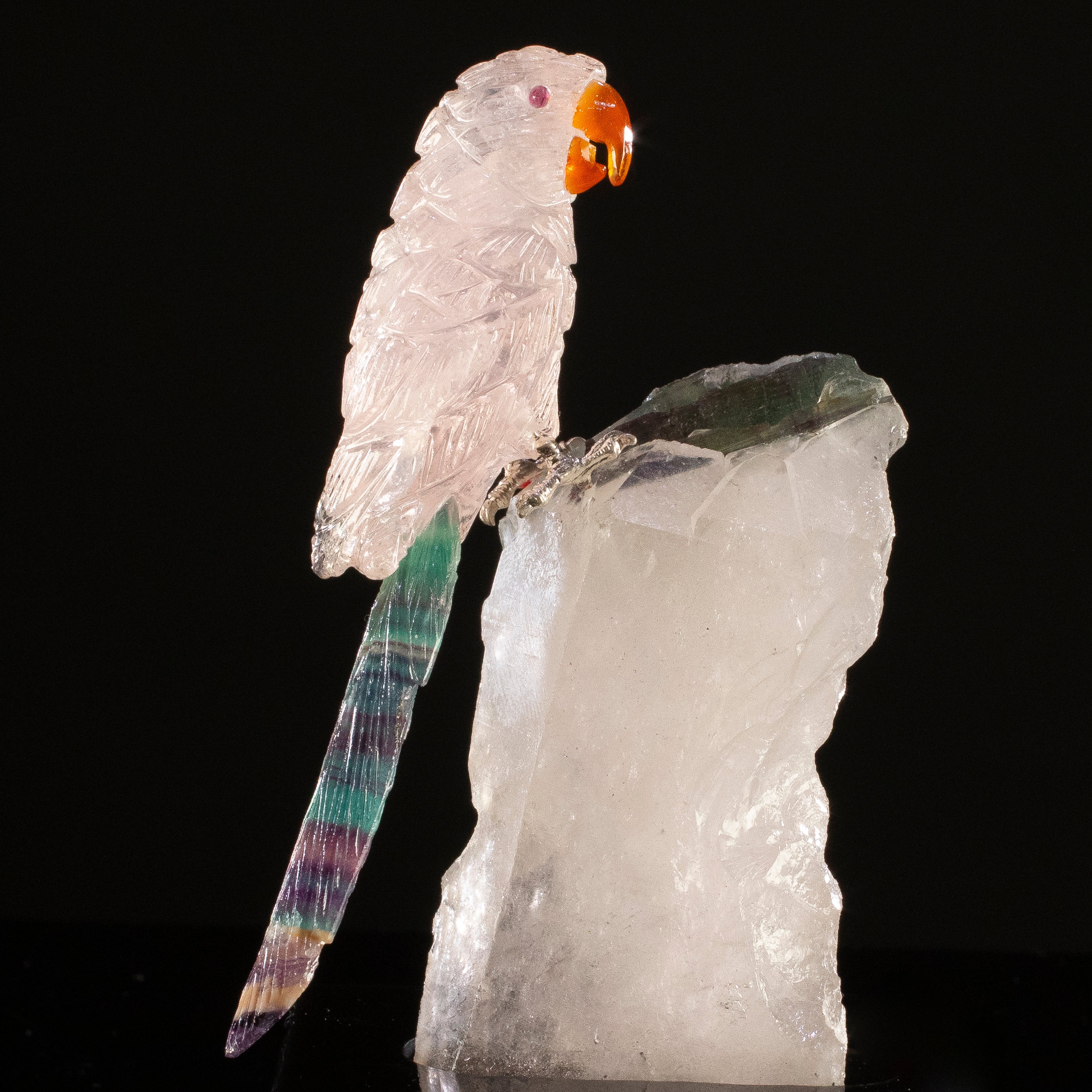 Peter Muller Rose Quartz & Fluorite Macaw Carving on Tourmaline Base