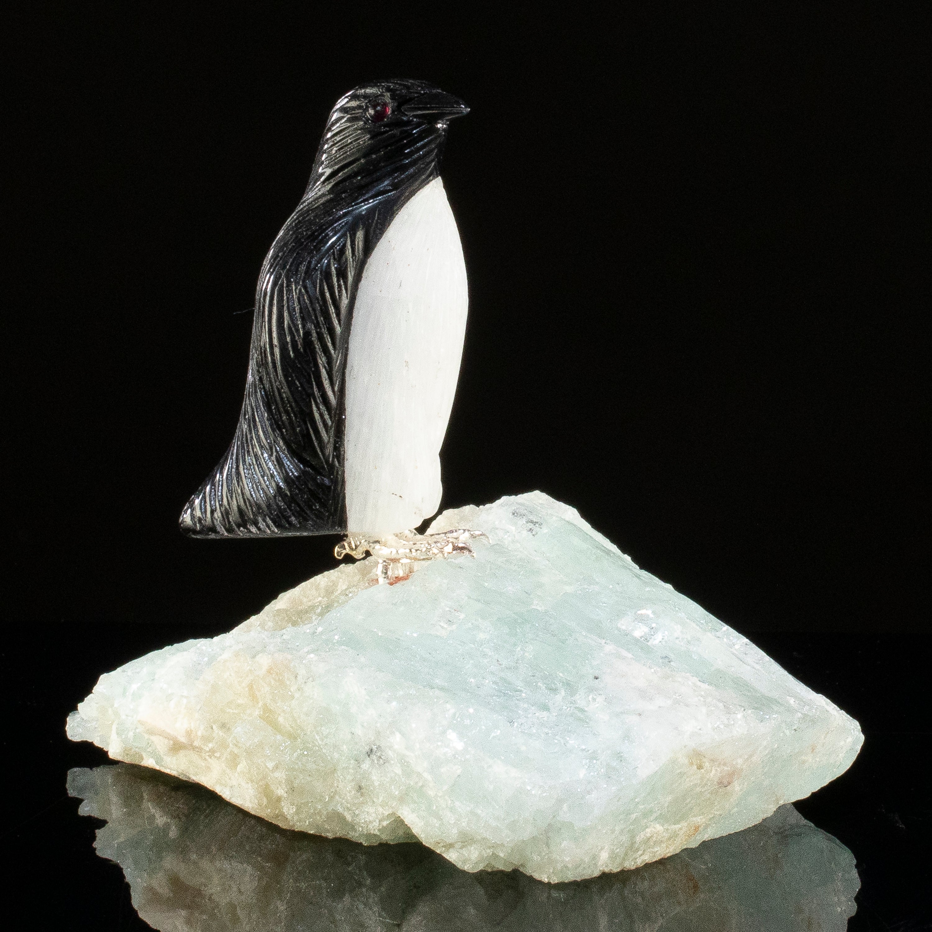 Peter Muller Obsidian Penguin Carving on Aquamarine Base