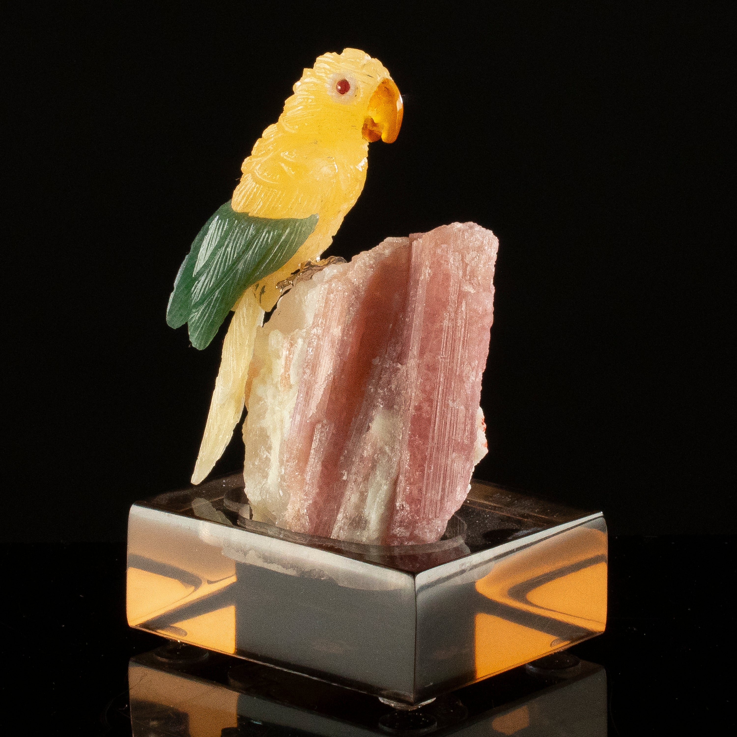 Peter Muller Aragonite Parrot Carving on Rubellite Base