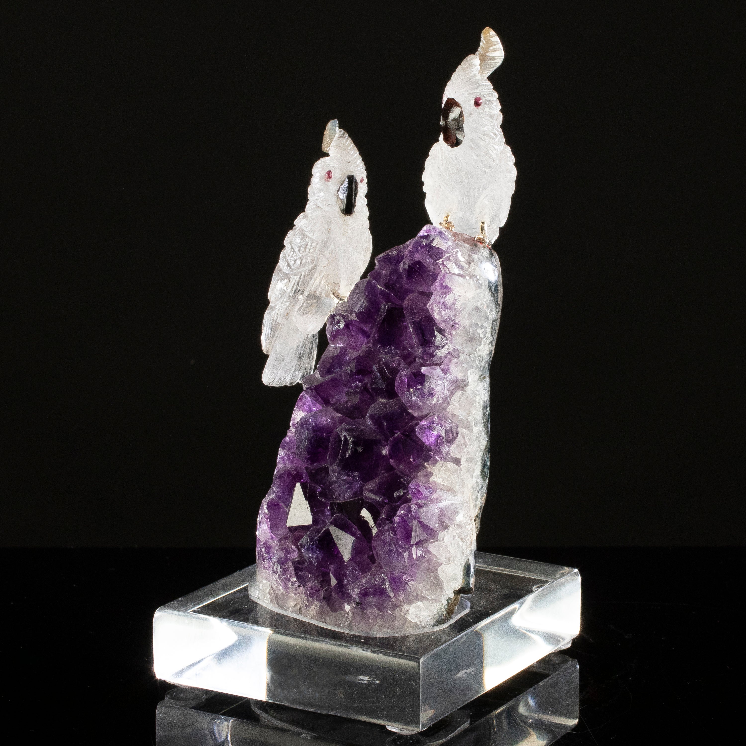 Peter Muller Quartz Macaw Couple Carving on Amethyst Geode Base