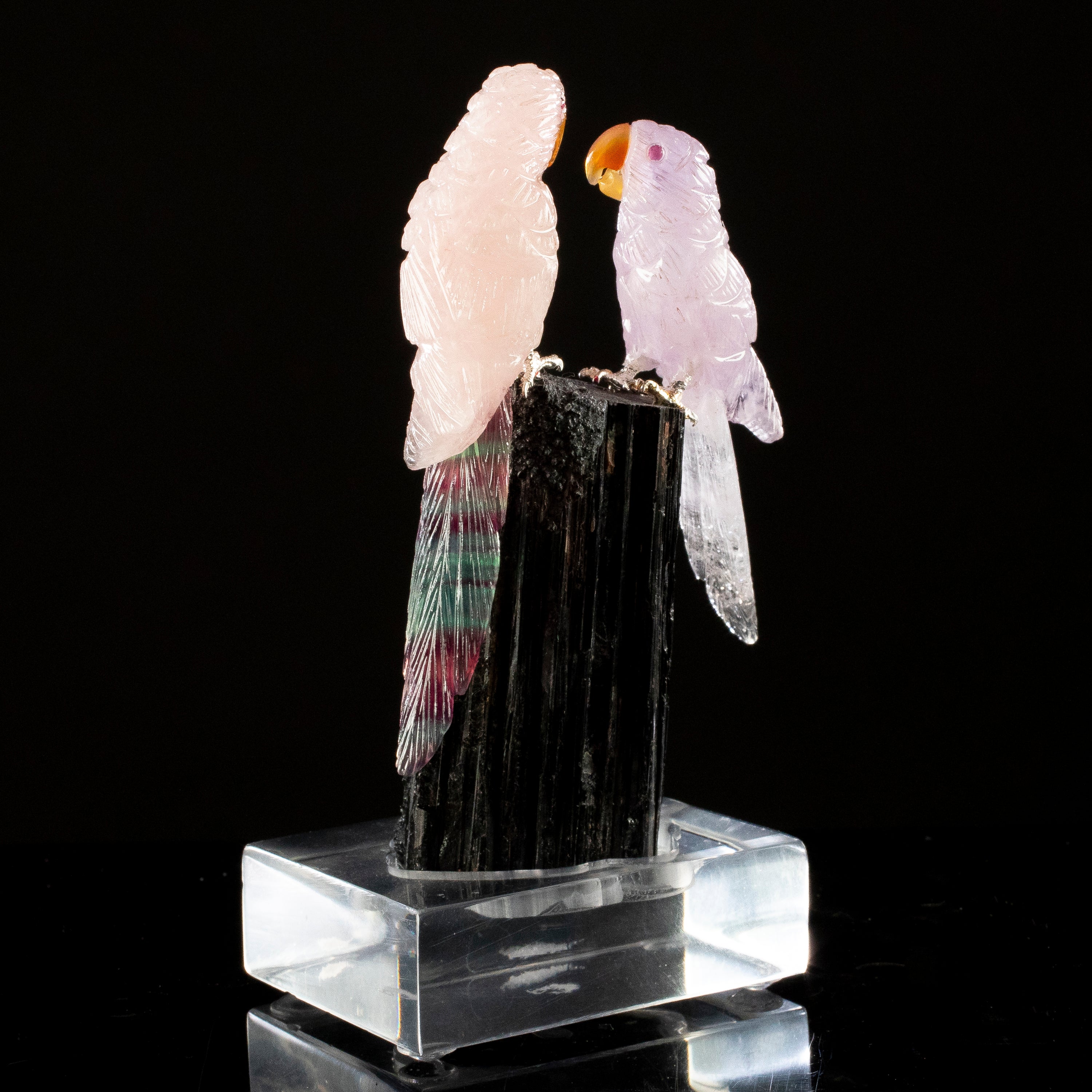 Peter Muller Rose Quartz, Fluorite, & Amethyst Macaw Couple Carving on Black Tourmaline Base