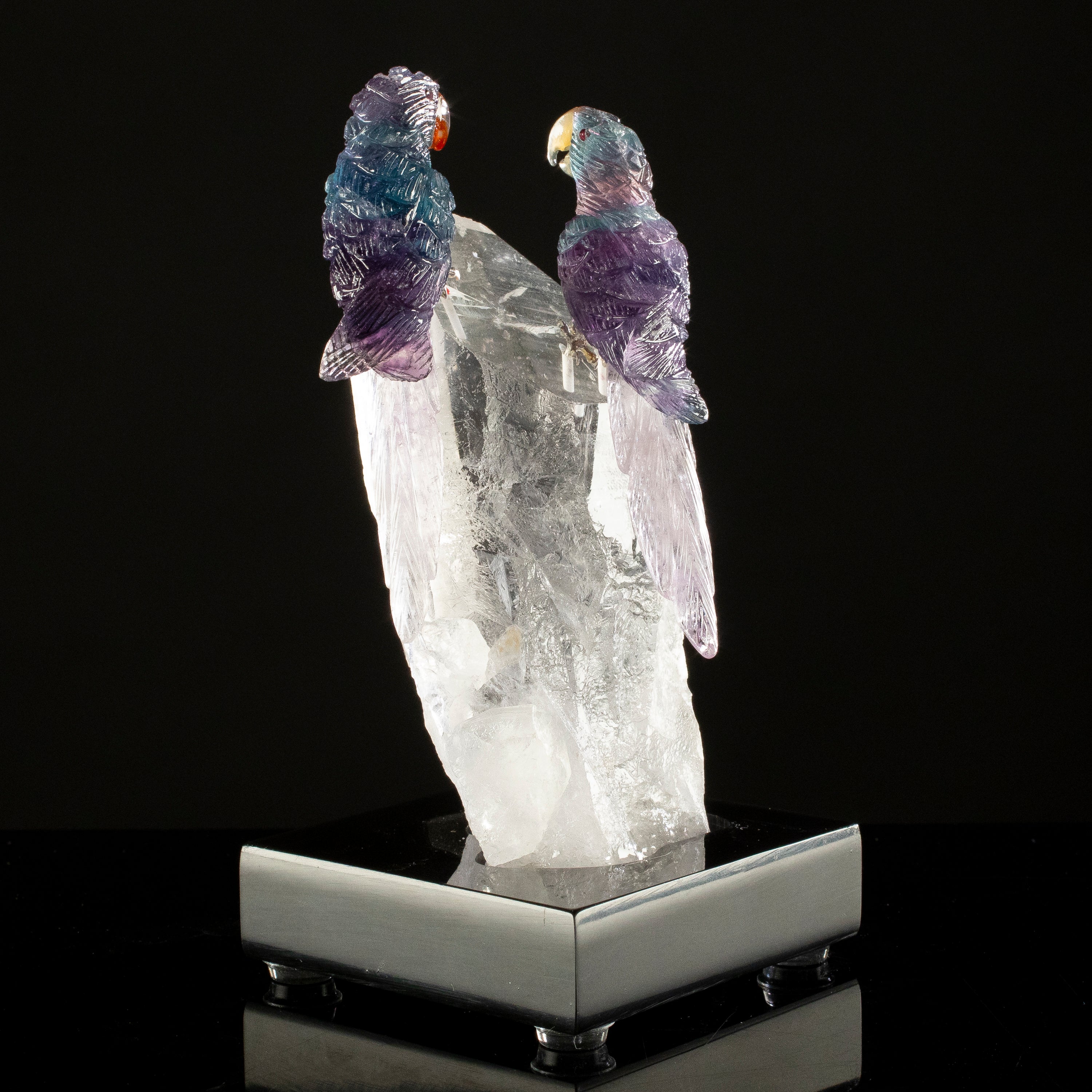 Peter Muller Fluorite Macaw Couple Carving on Quartz Point Base