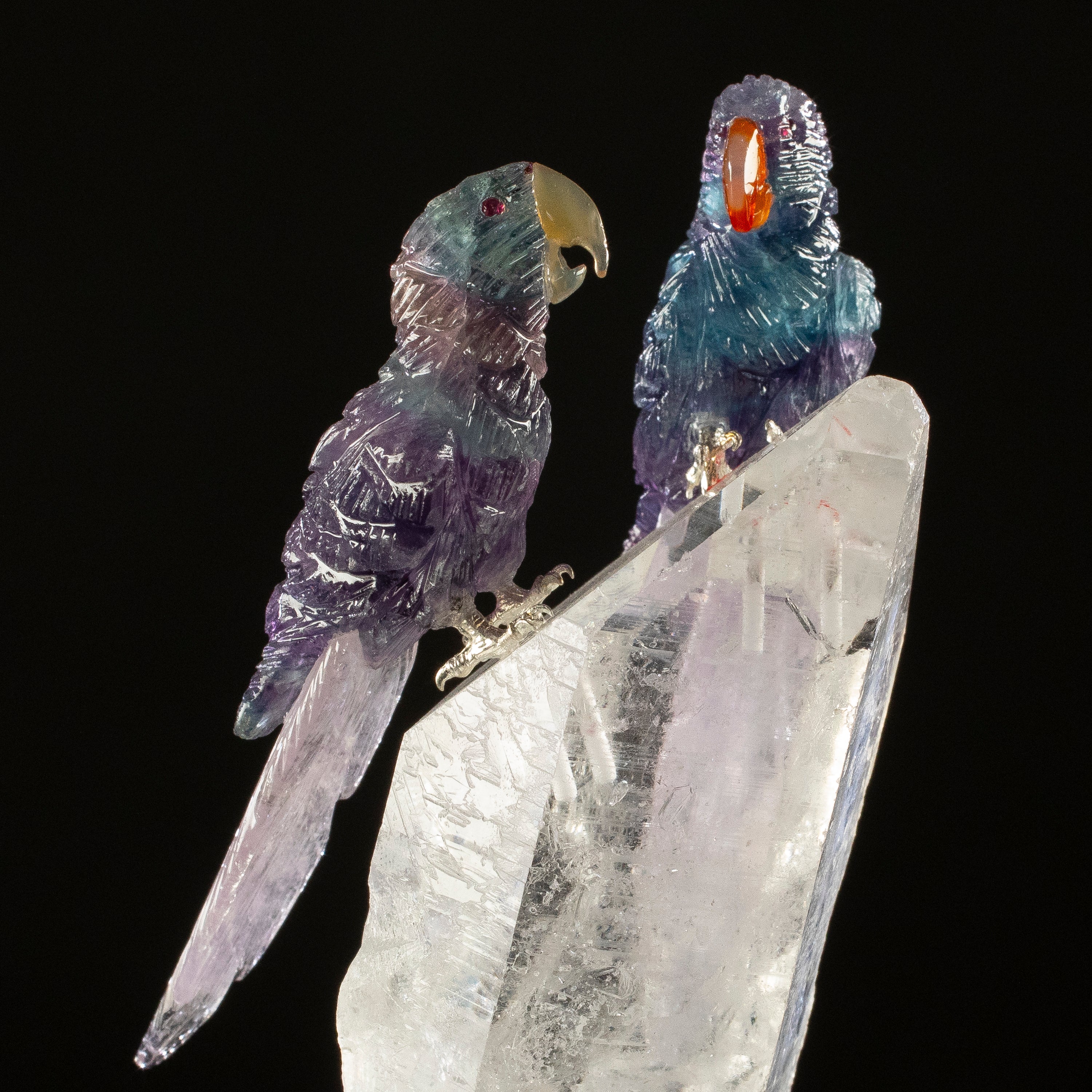 Peter Muller Fluorite Macaw Couple Carving on Quartz Point Base