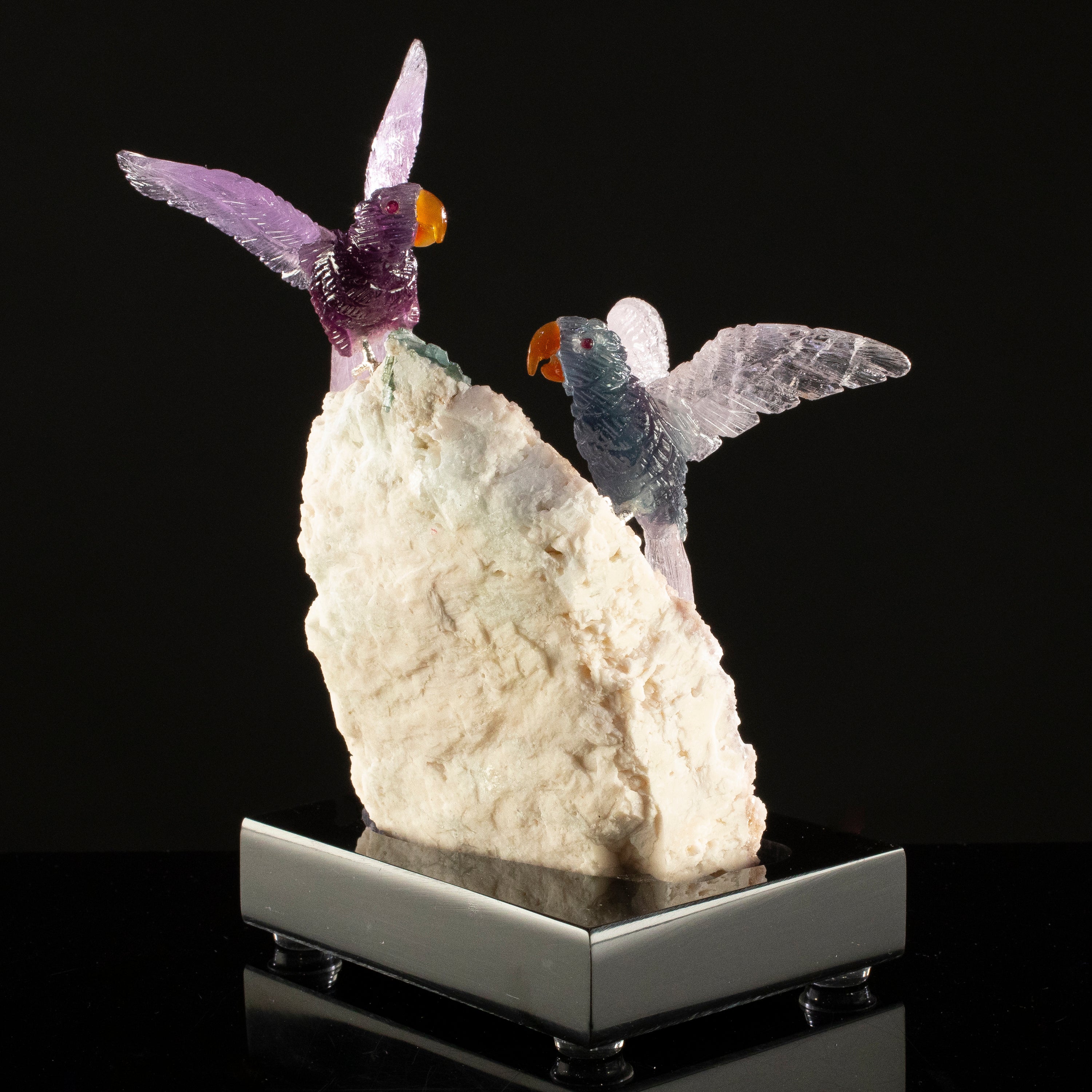 Peter Muller Fluorite & Amethyst Macaw Couple Carving on Watermelon Tourmaline Base