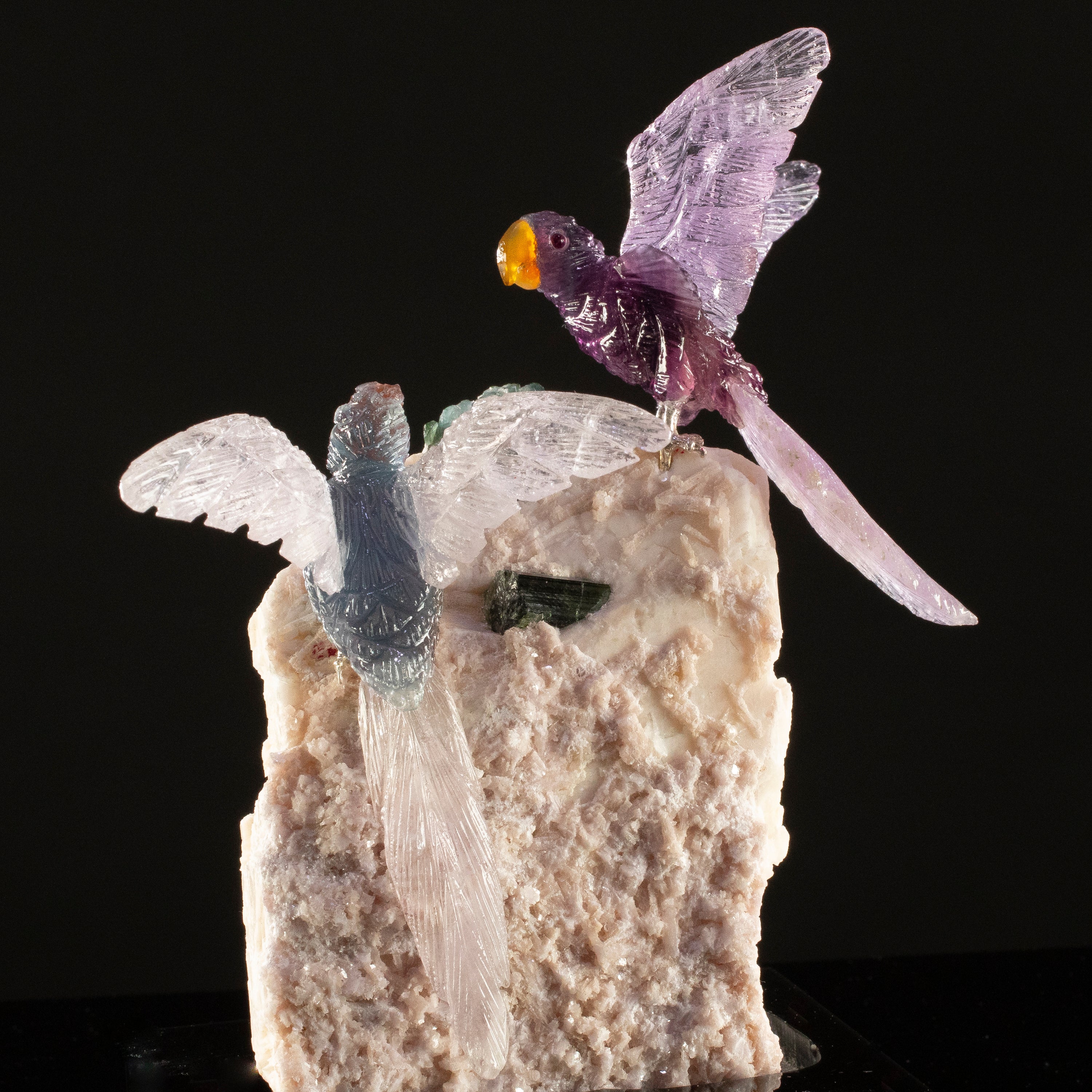 Peter Muller Fluorite & Amethyst Macaw Couple Carving on Watermelon Tourmaline Base