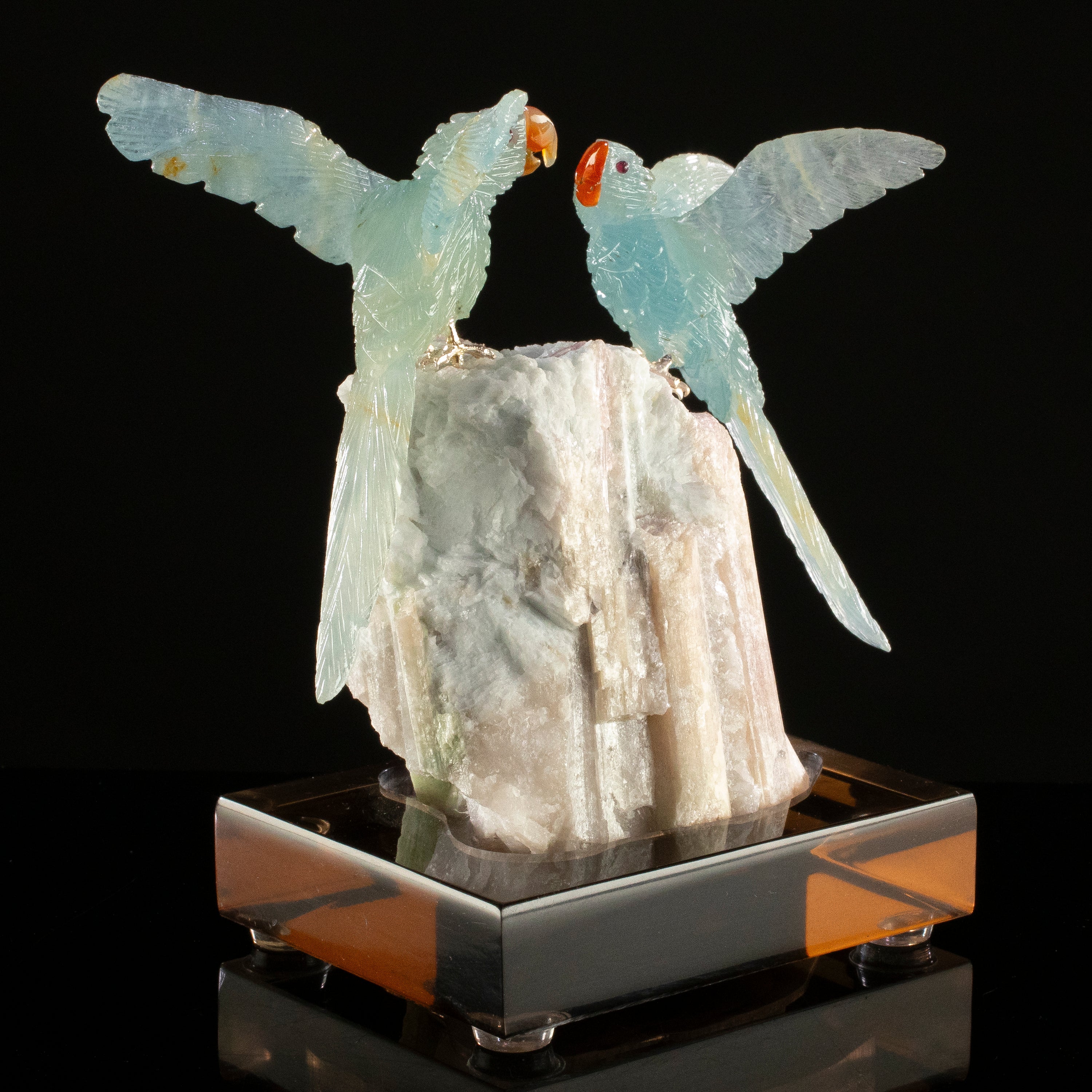 Peter Muller Blue Calcite Macaw Couple Carving on Rubellite Base