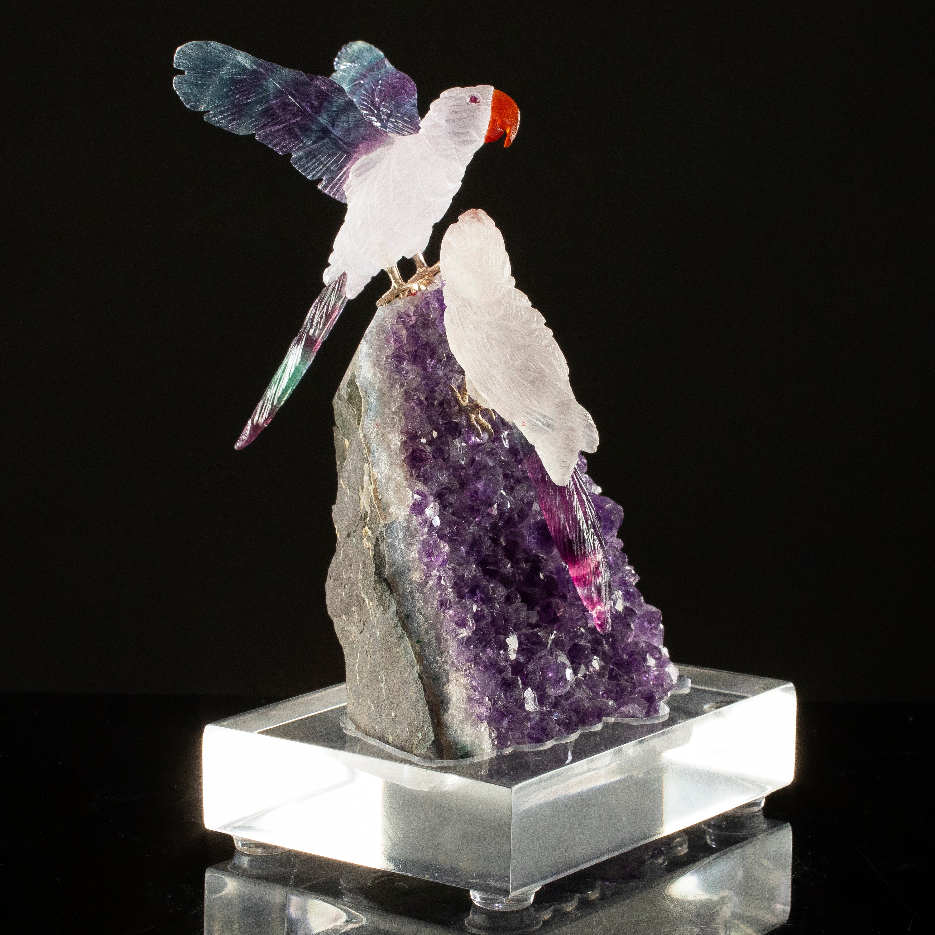 Peter Muller Quartz & Fluorite Macaw Couple Carving on Amethyst Geode Base