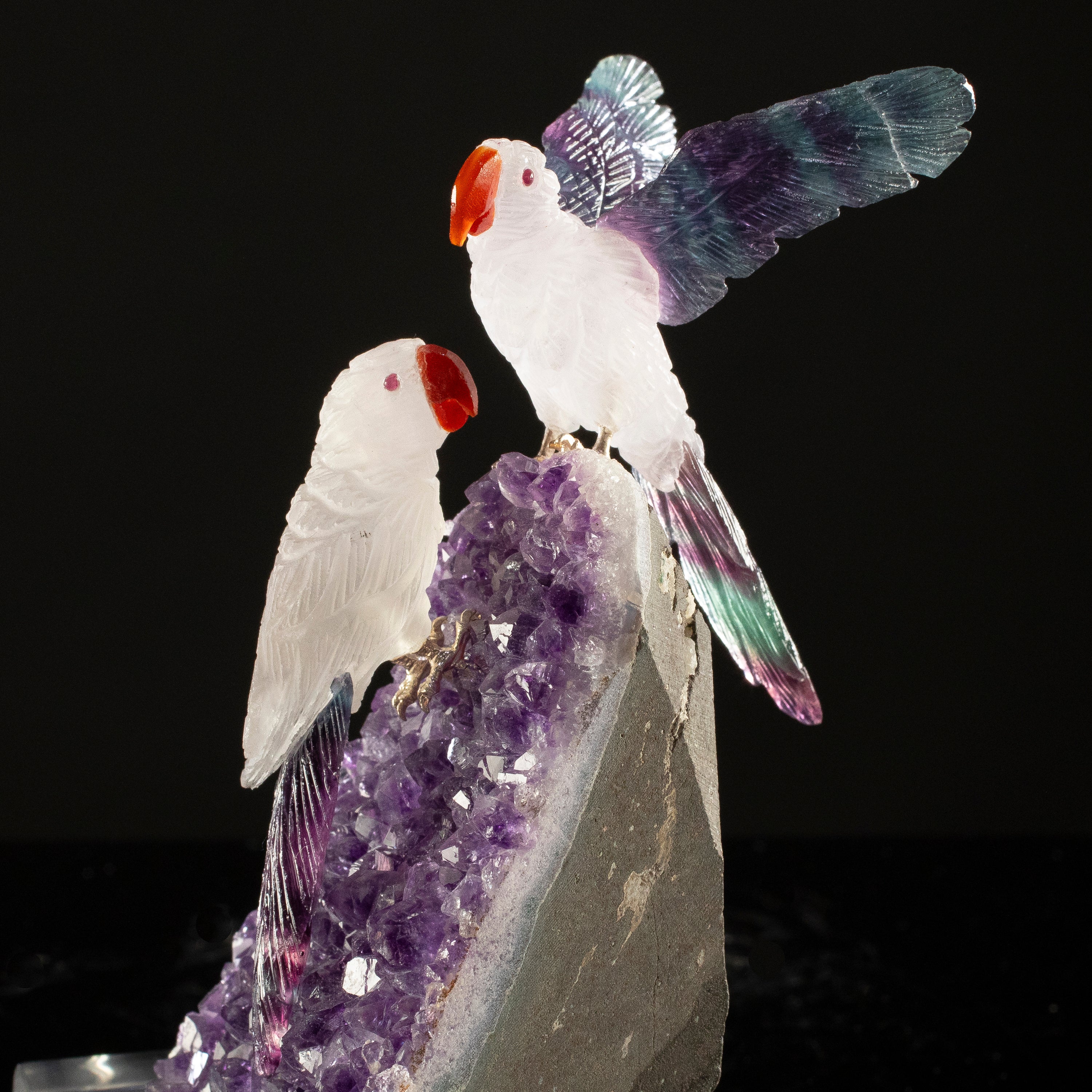 Peter Muller Quartz & Fluorite Macaw Couple Carving on Amethyst Geode Base