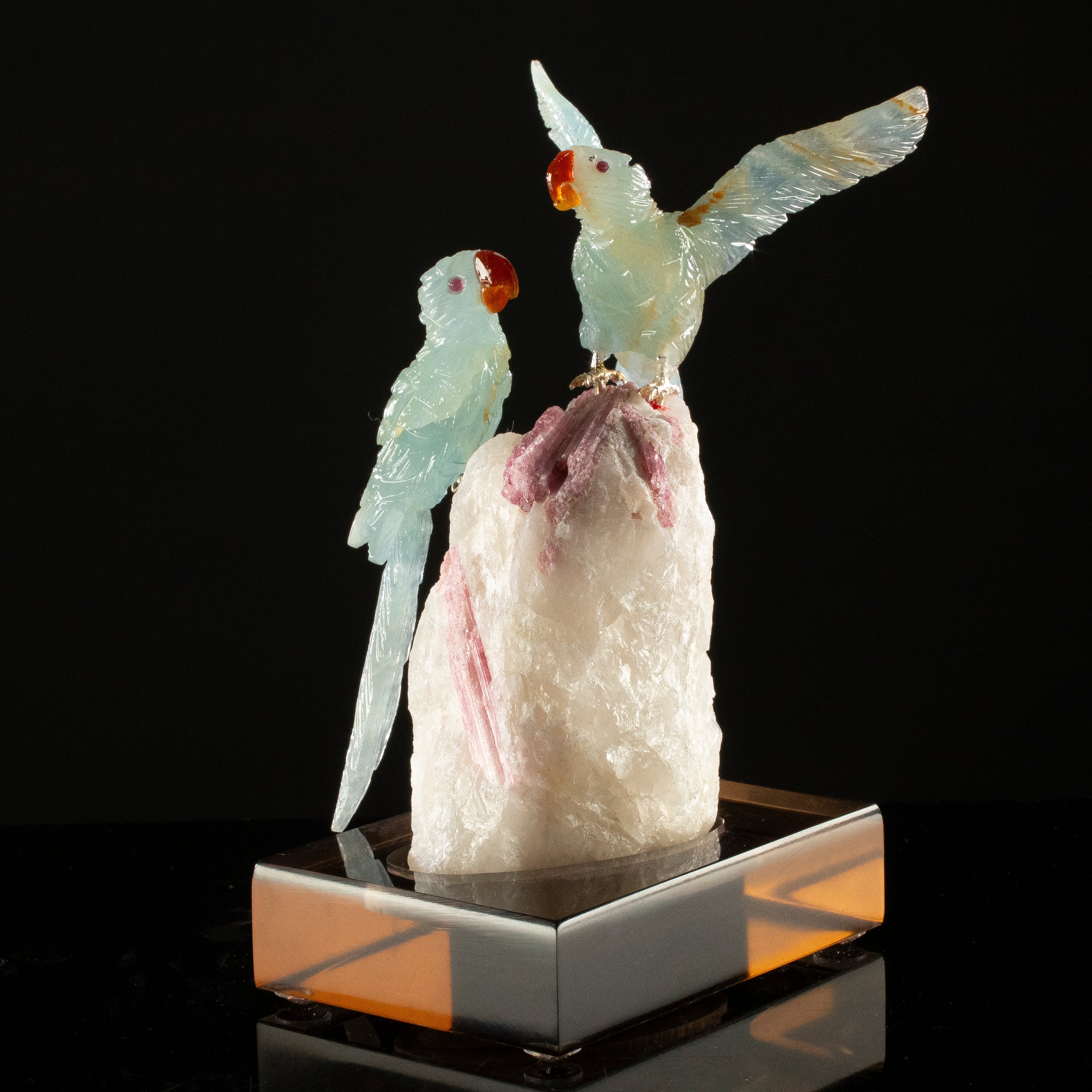 Peter Muller Blue Calcite Macaw Couple Carving on Rubellite Base