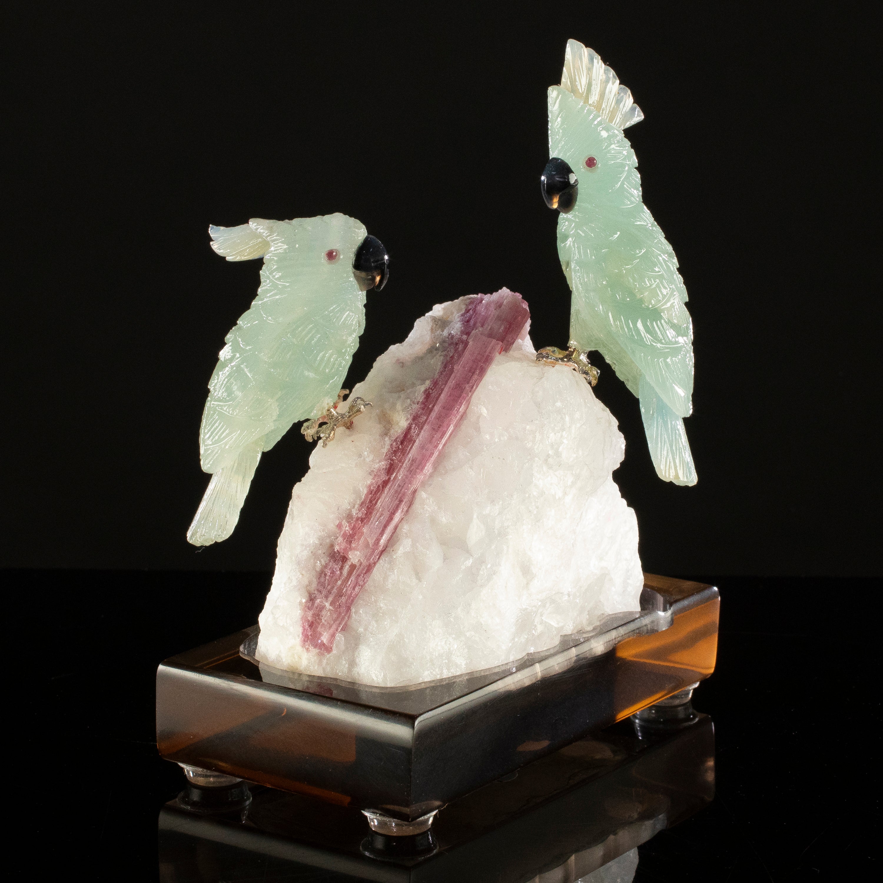 Peter Muller Blue Calcite Cockatoo Couple Carving on Rubellite Base