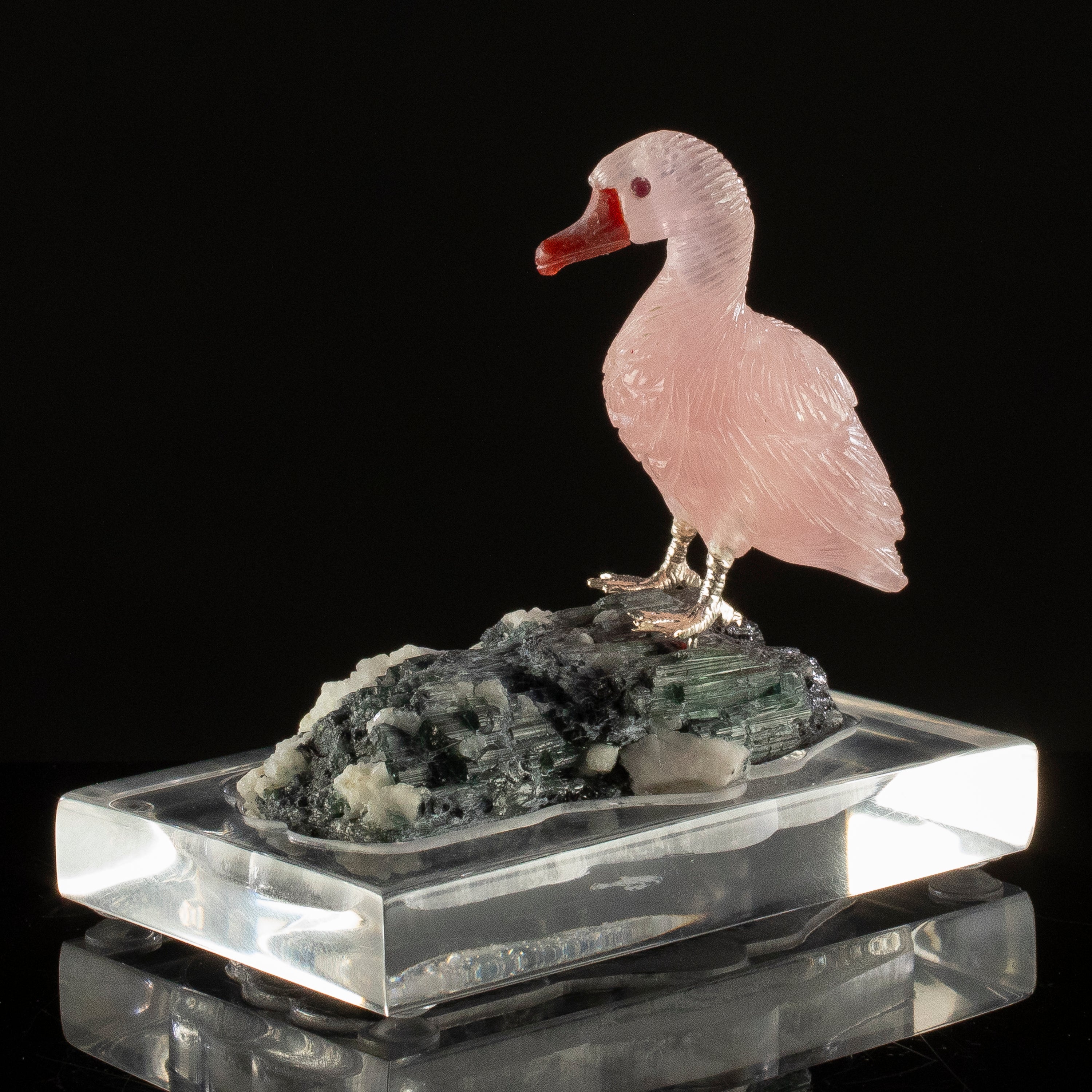 Peter Muller Rose Quartz Goose Carving on Tourmaline Base