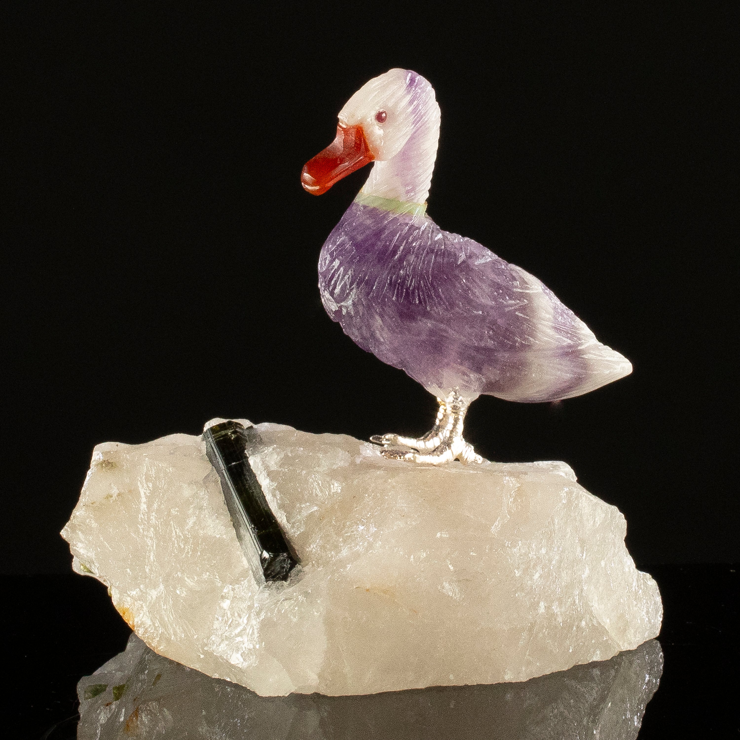 Peter Muller Amethyst Duck Carving on Tourmaline Base