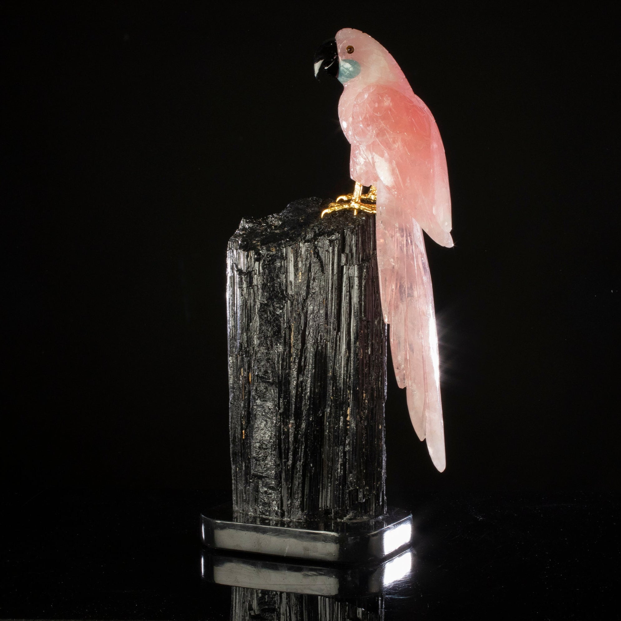 Rose Quartz Parrot on Black Tourmaline Base Gemstone Bird Carving - 21"