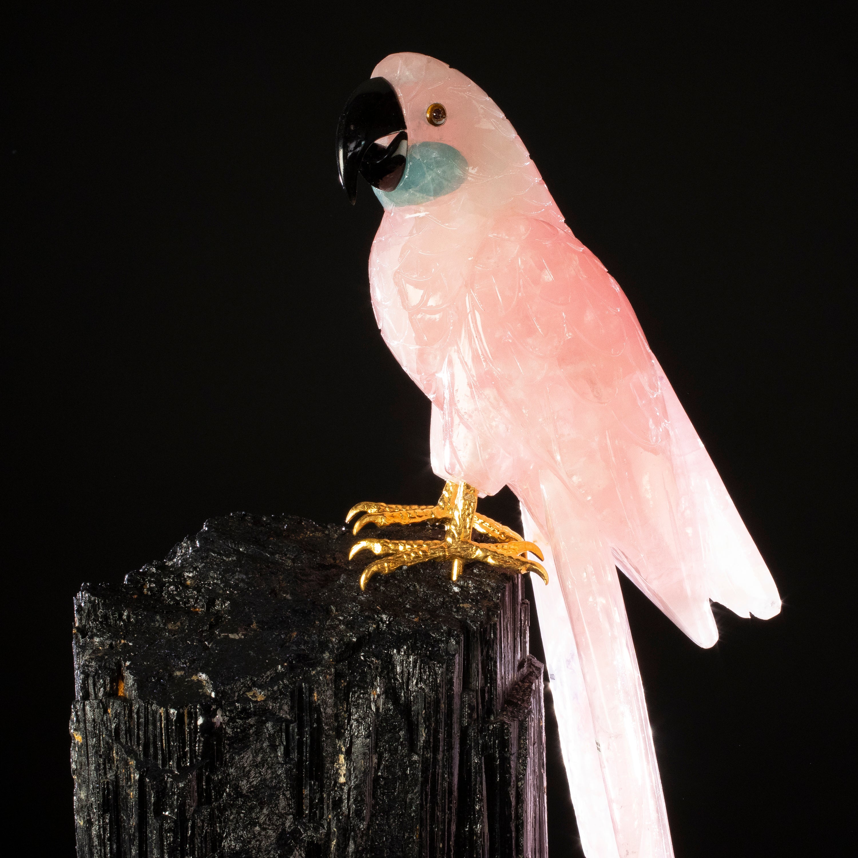 Rose Quartz Parrot on Black Tourmaline Base Gemstone Bird Carving - 21"