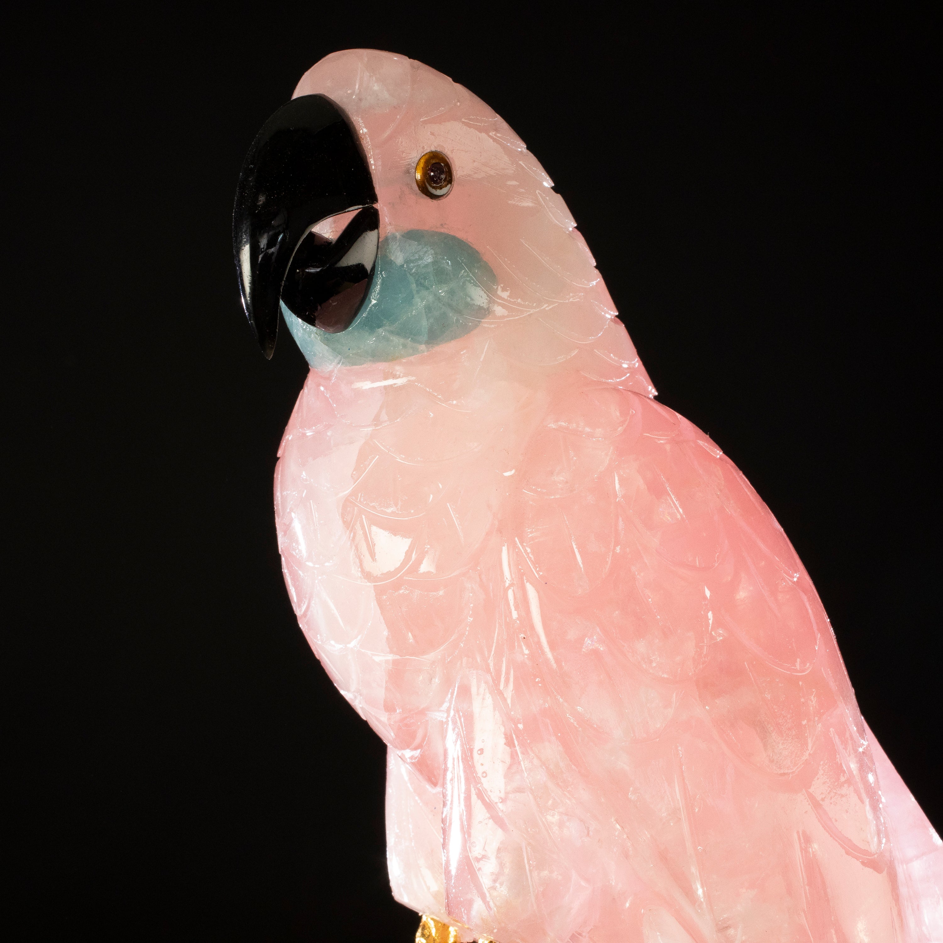 Rose Quartz Parrot on Black Tourmaline Base Gemstone Bird Carving - 21"