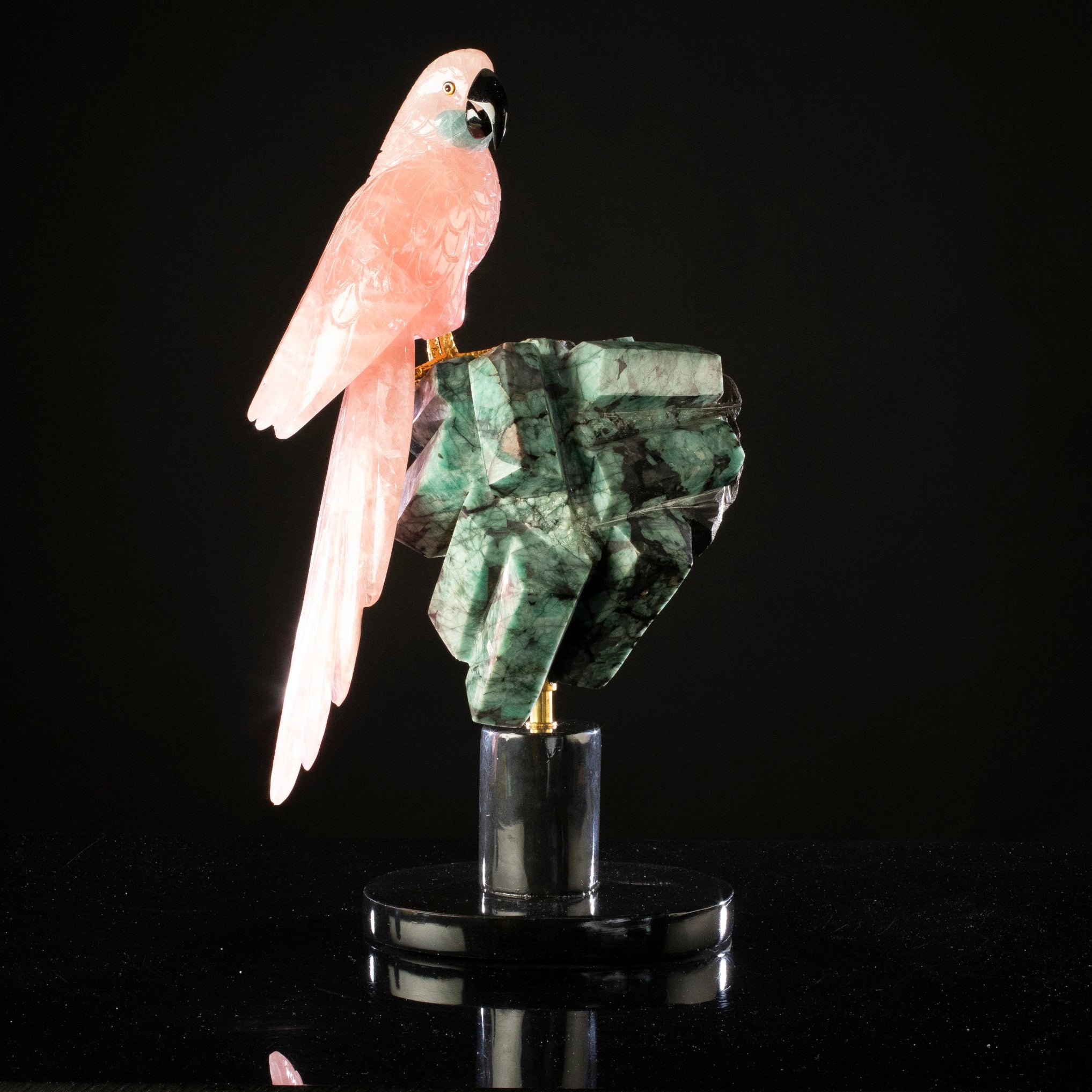 Rose Quartz Parrot on Ruby Base Gemstone Bird Carving - 21"