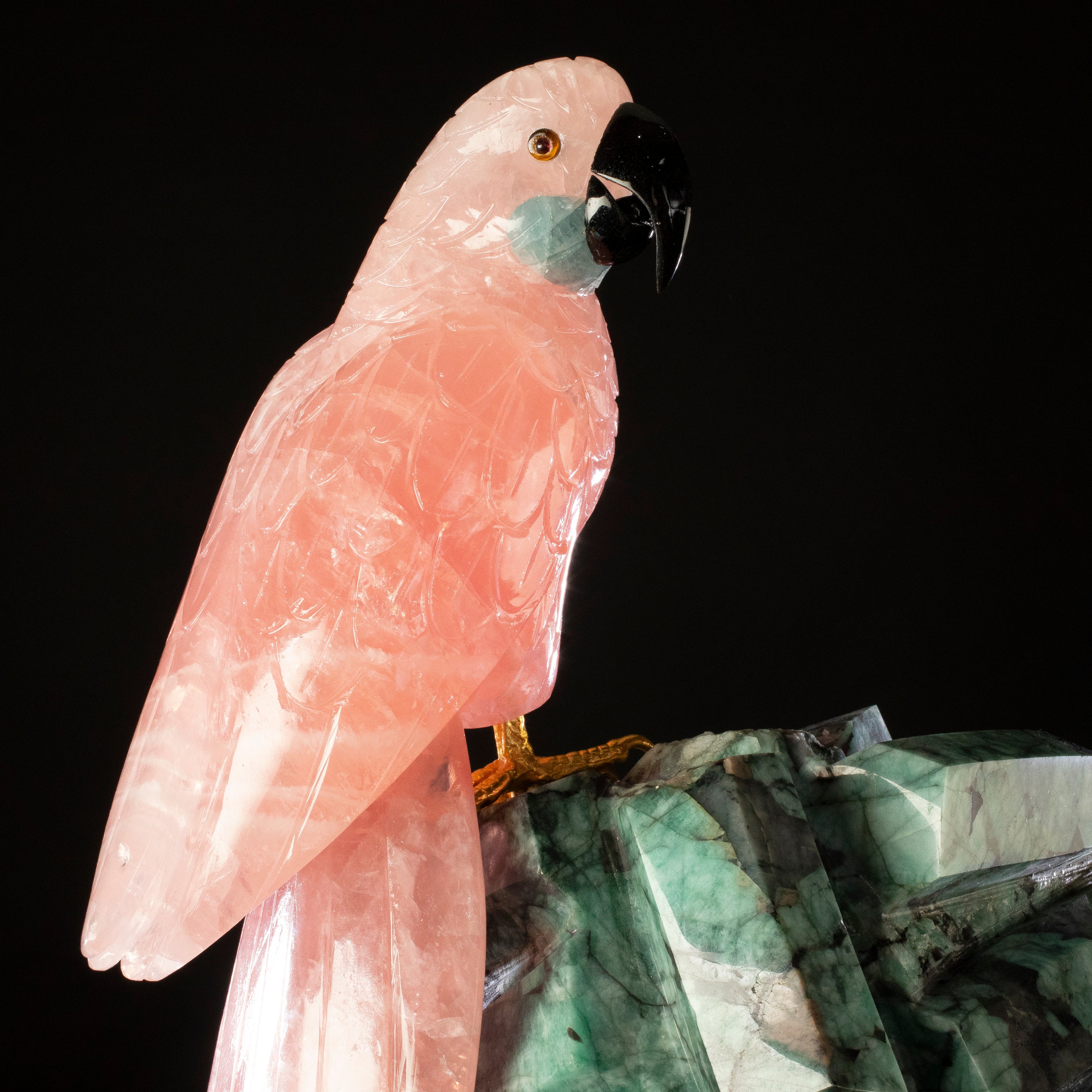 Rose Quartz Parrot on Ruby Base Gemstone Bird Carving - 21"