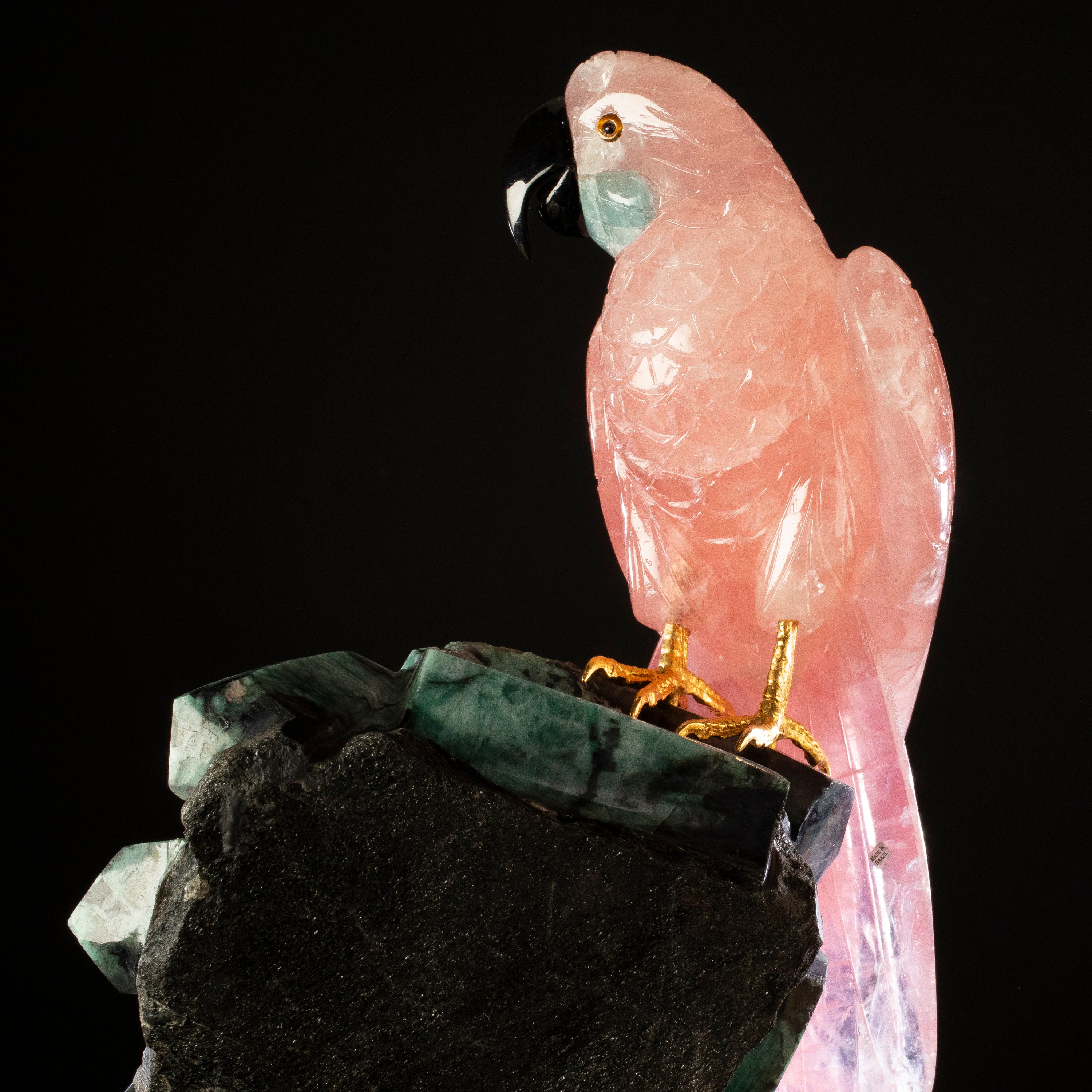 Rose Quartz Parrot on Ruby Base Gemstone Bird Carving - 21"