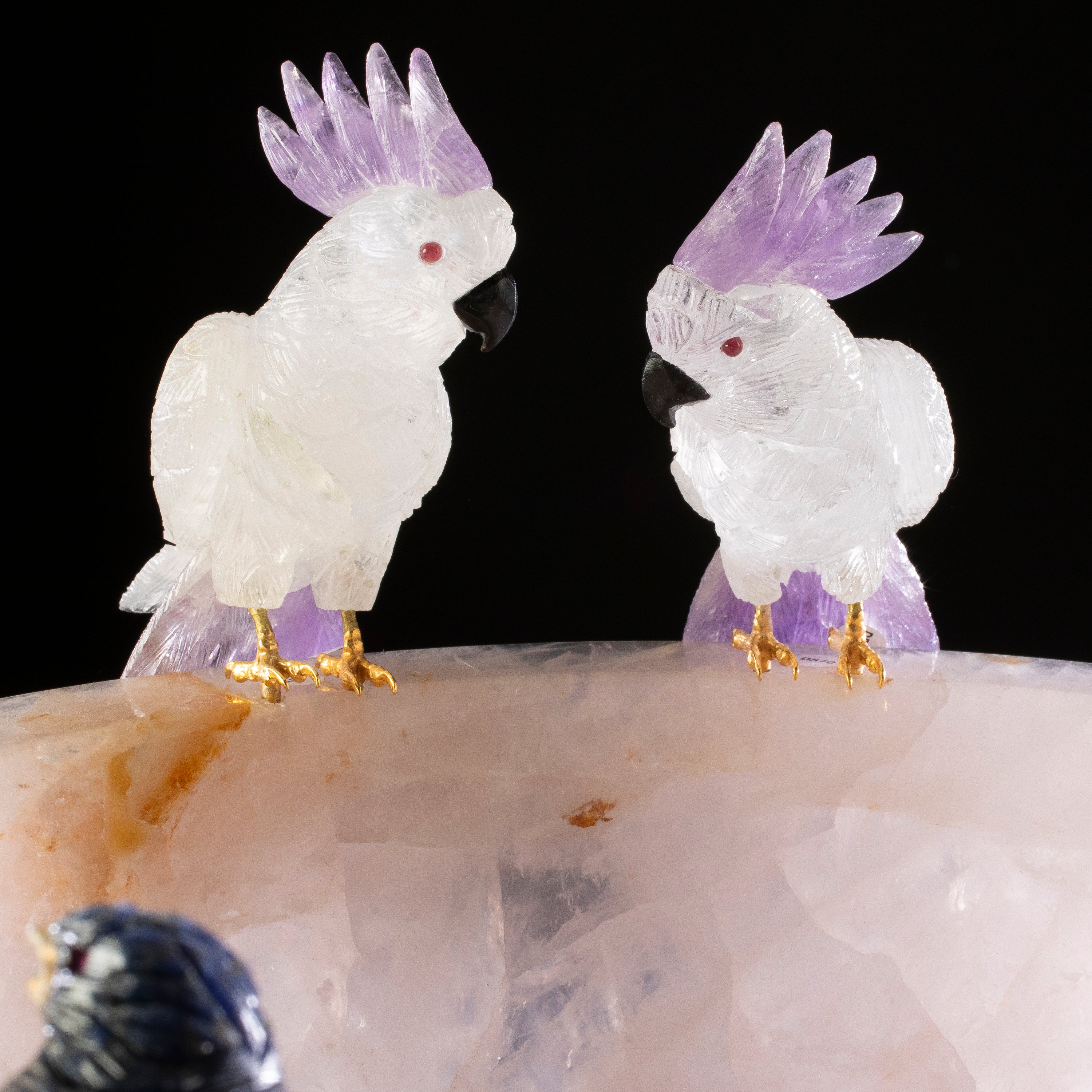 Cockatoo and Hummingbird Family on Rose Quartz Bowl Base - 16"