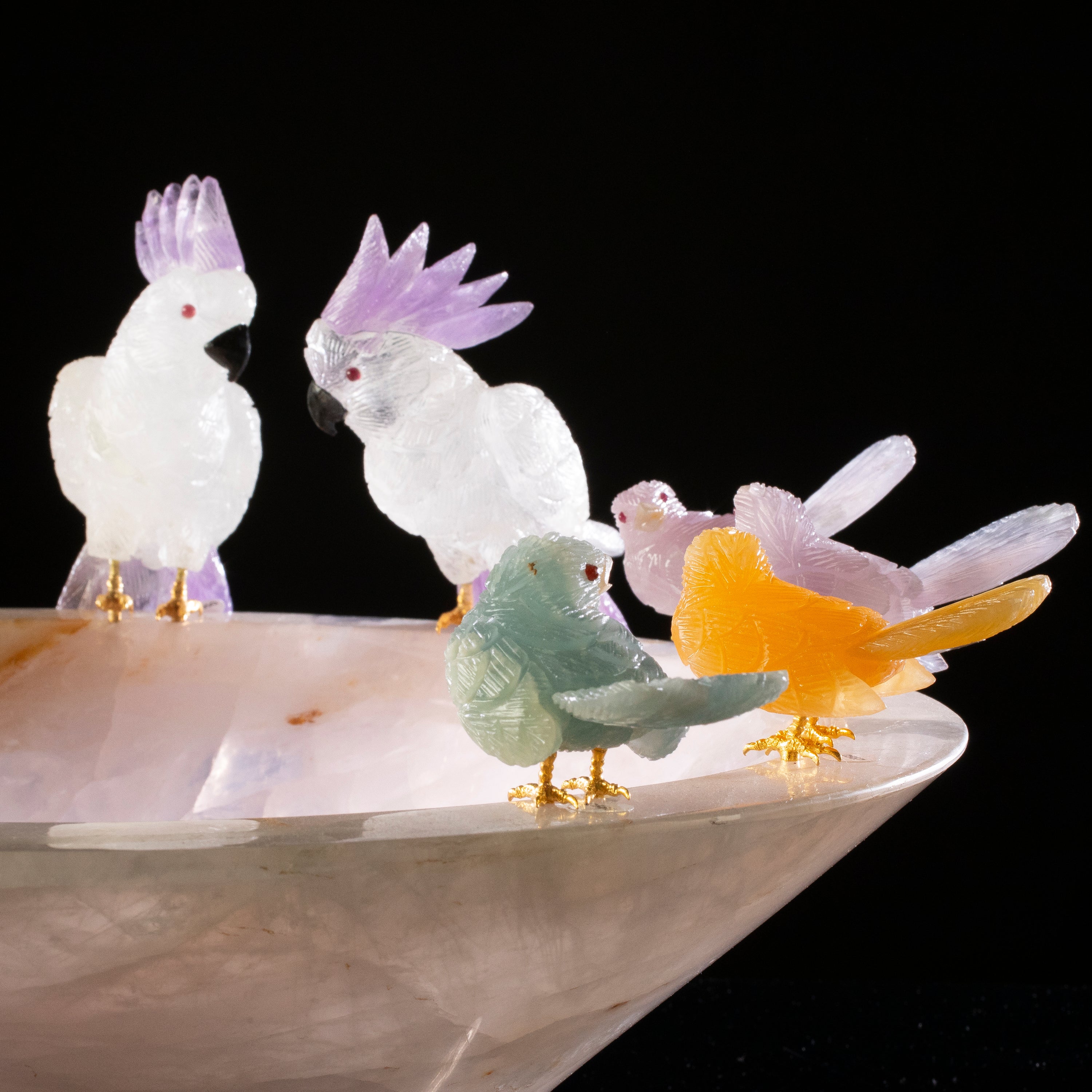 Cockatoo and Hummingbird Family on Rose Quartz Bowl Base - 16"