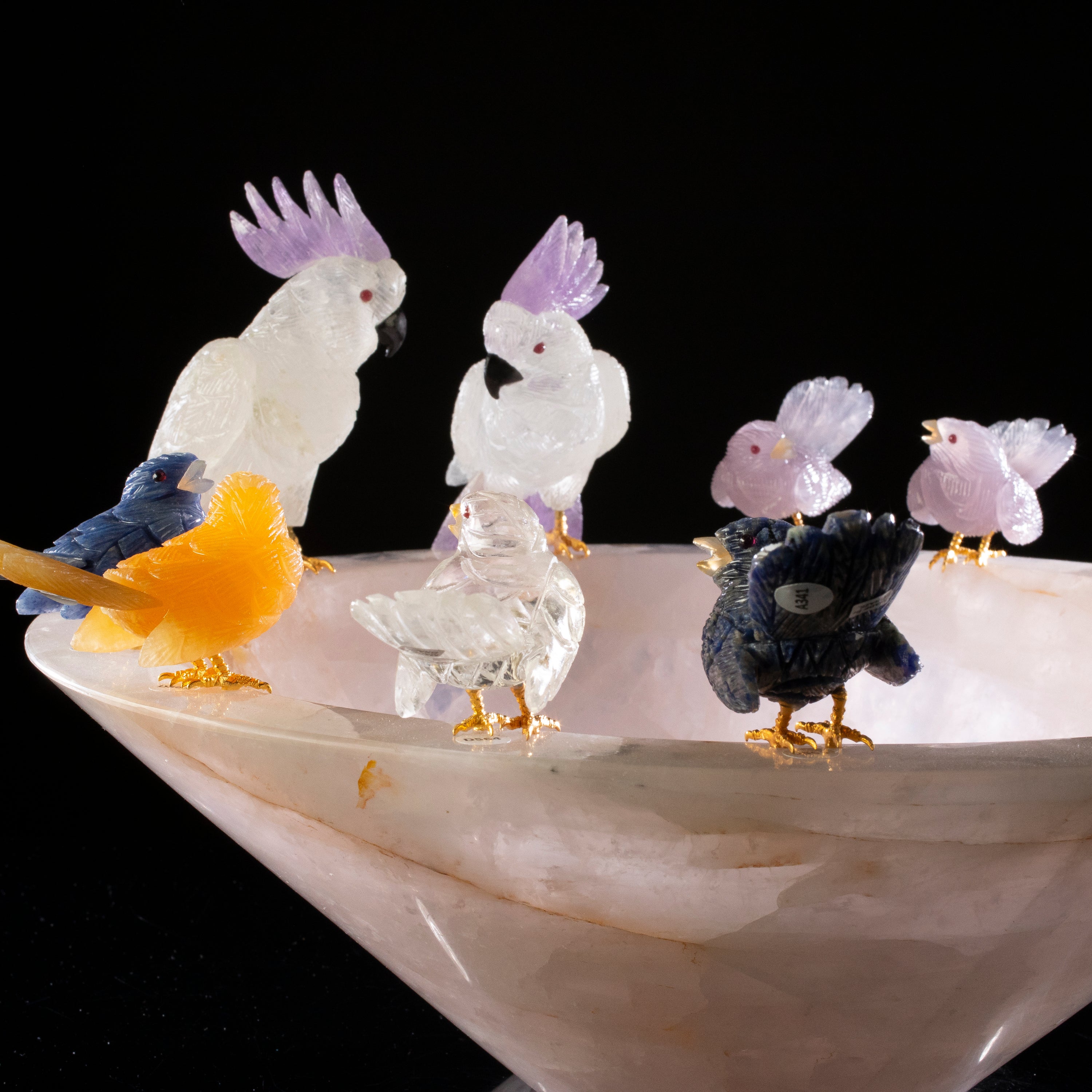 Cockatoo and Hummingbird Family on Rose Quartz Bowl Base - 16"