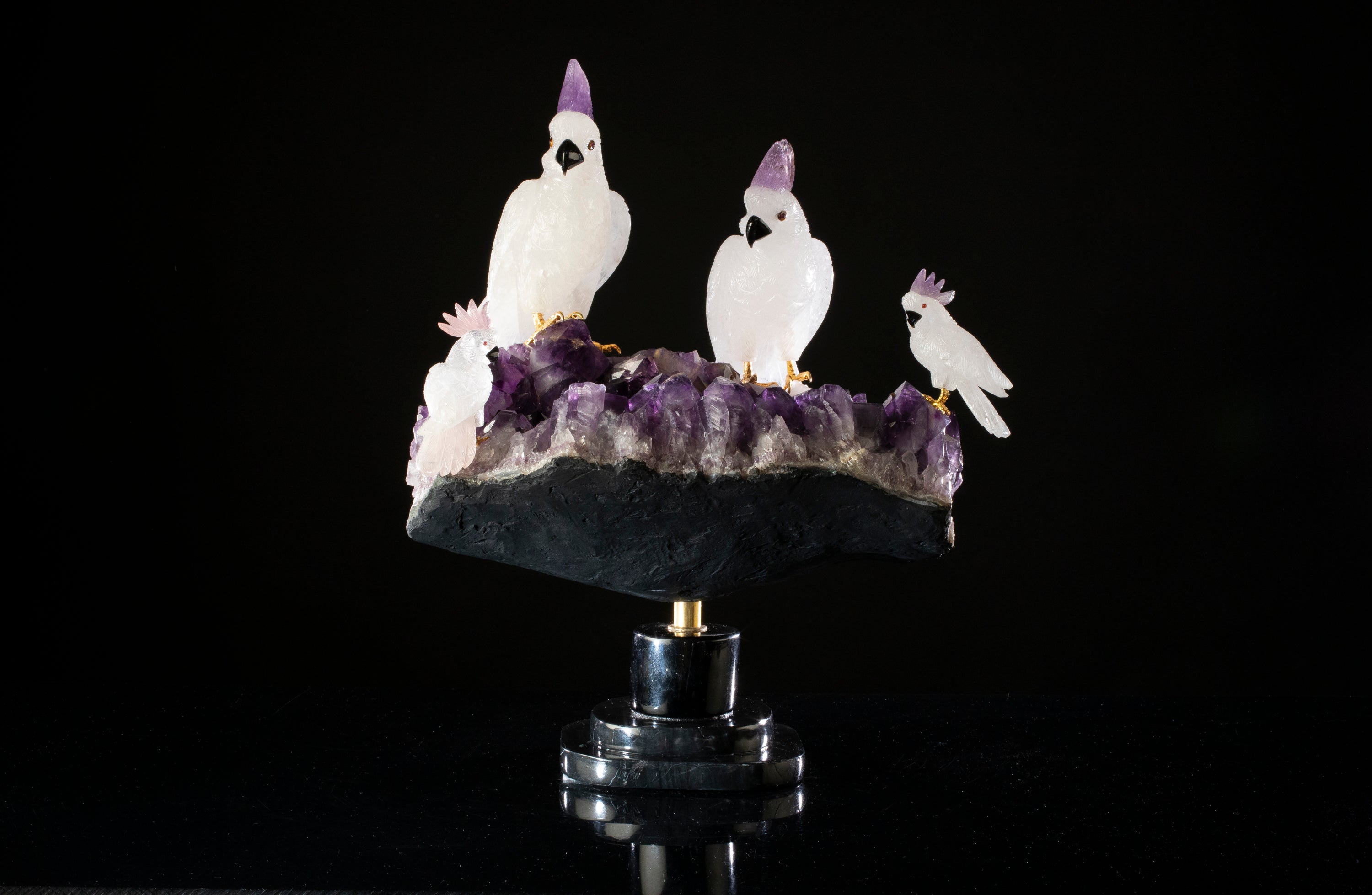 Quartz Cockatoo on Amethyst Geode Gemstone Bird Carving -20"