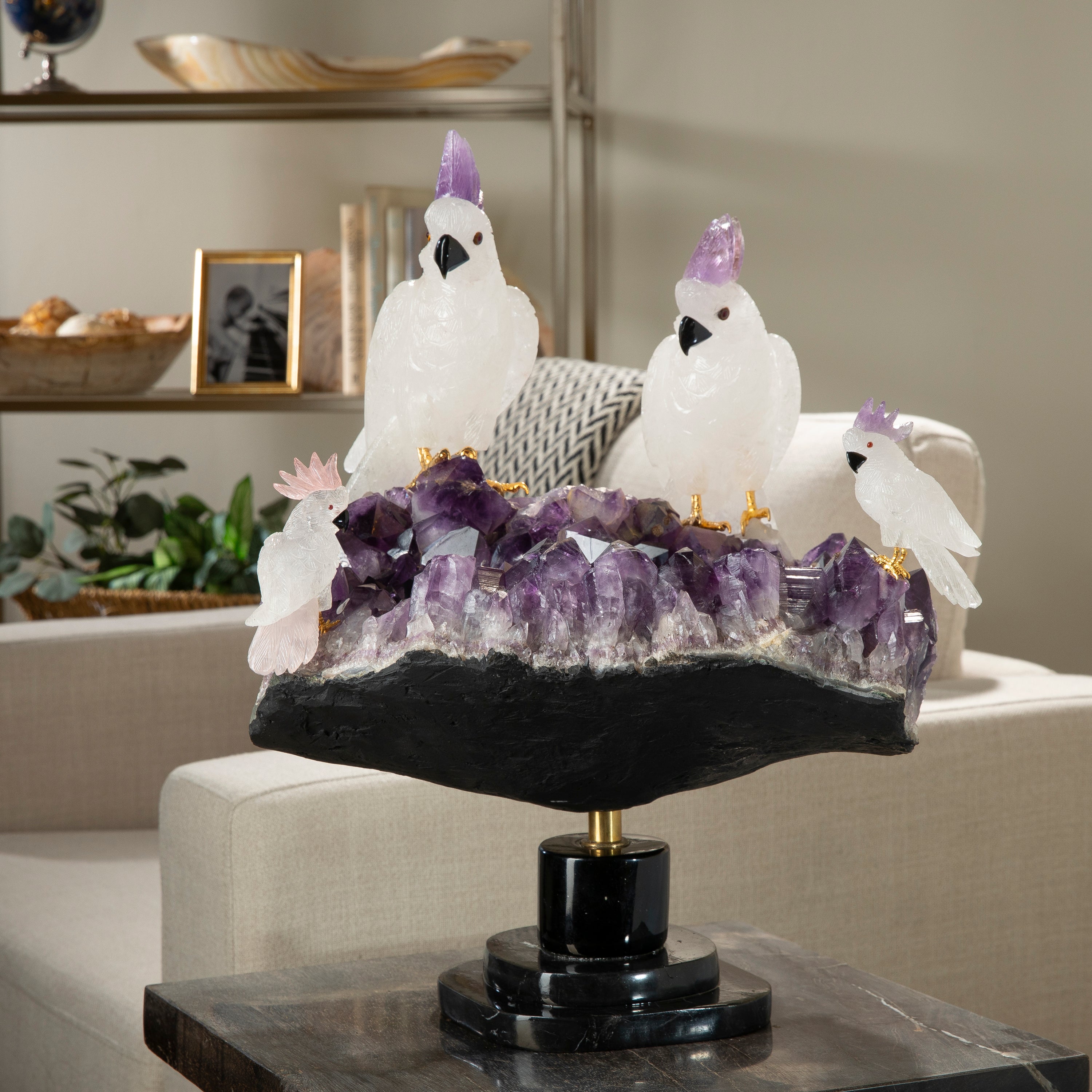 Quartz Cockatoo on Amethyst Geode Gemstone Bird Carving -20"