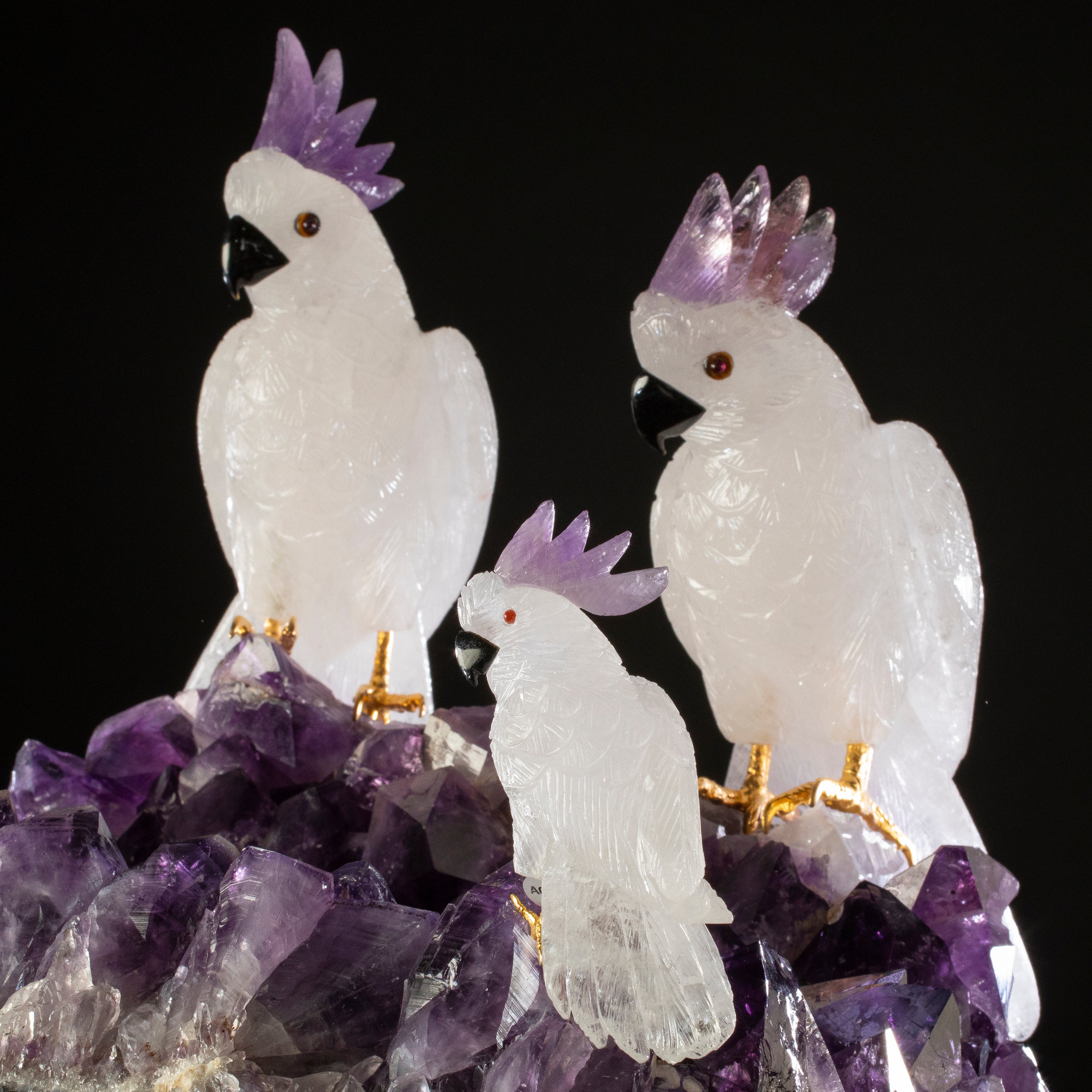 Quartz Cockatoo on Amethyst Geode Gemstone Bird Carving -20"