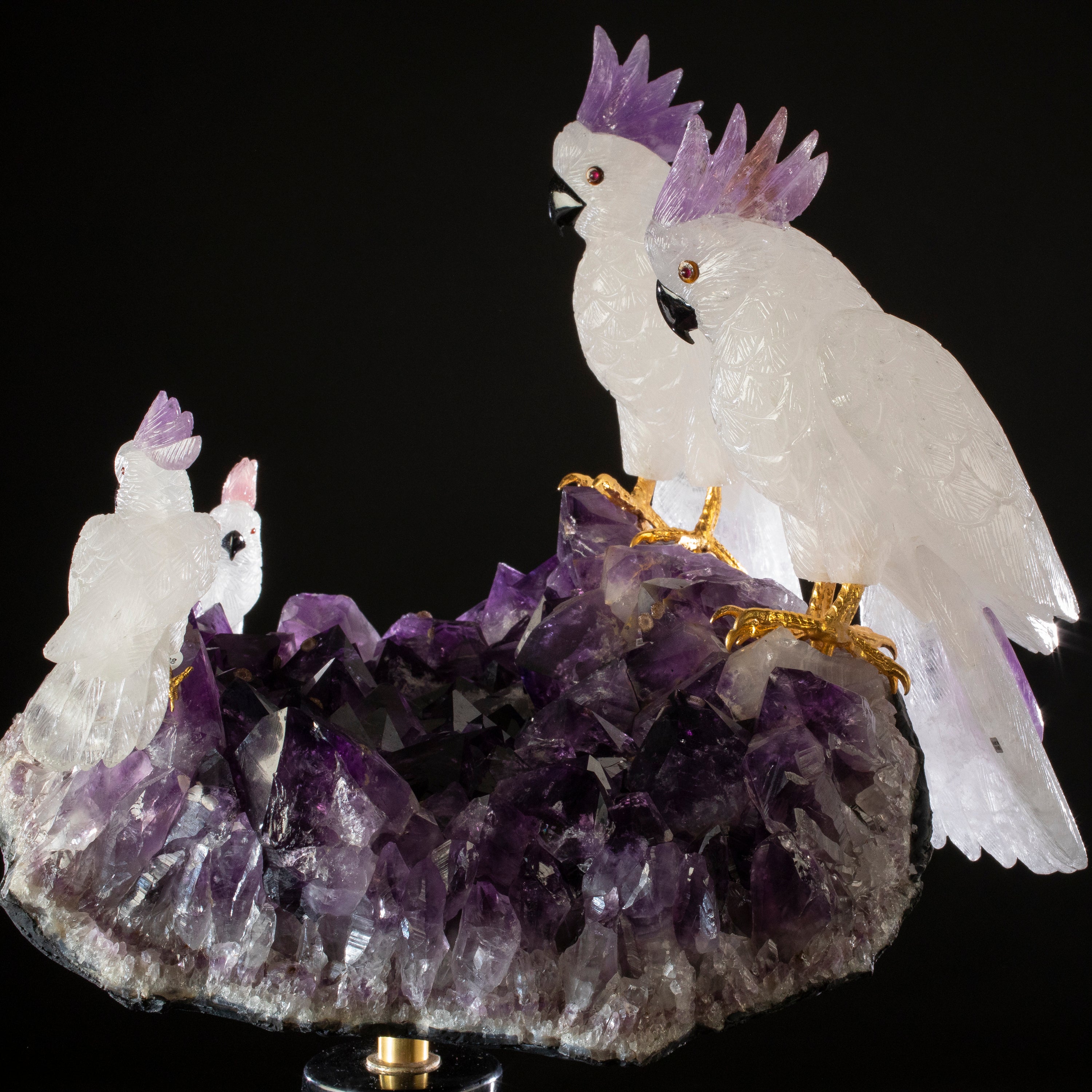 Quartz Cockatoo on Amethyst Geode Gemstone Bird Carving -20"