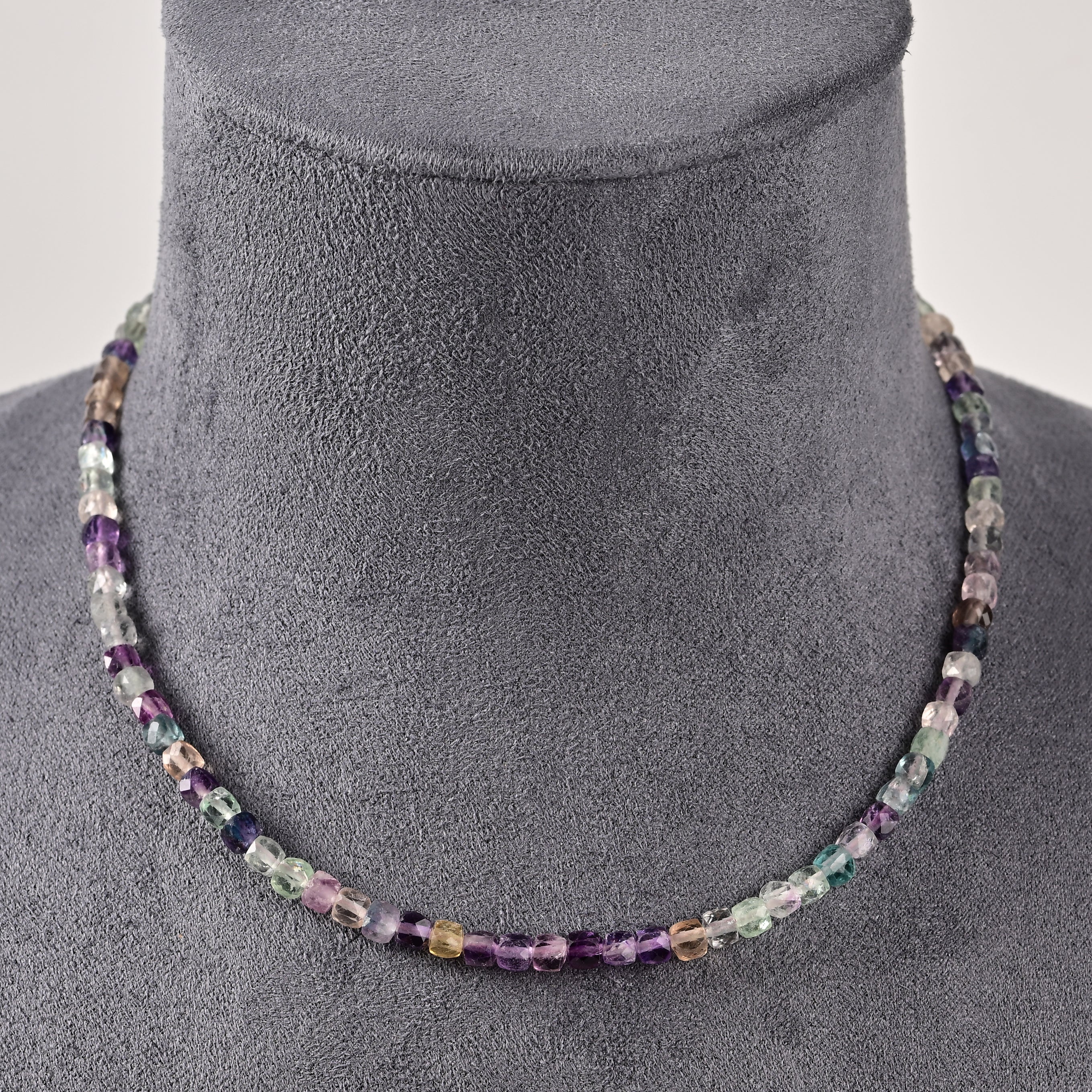 Natural Fluorite Faceted 4mm Barrel 16in Necklace with Sterling Silver Extender