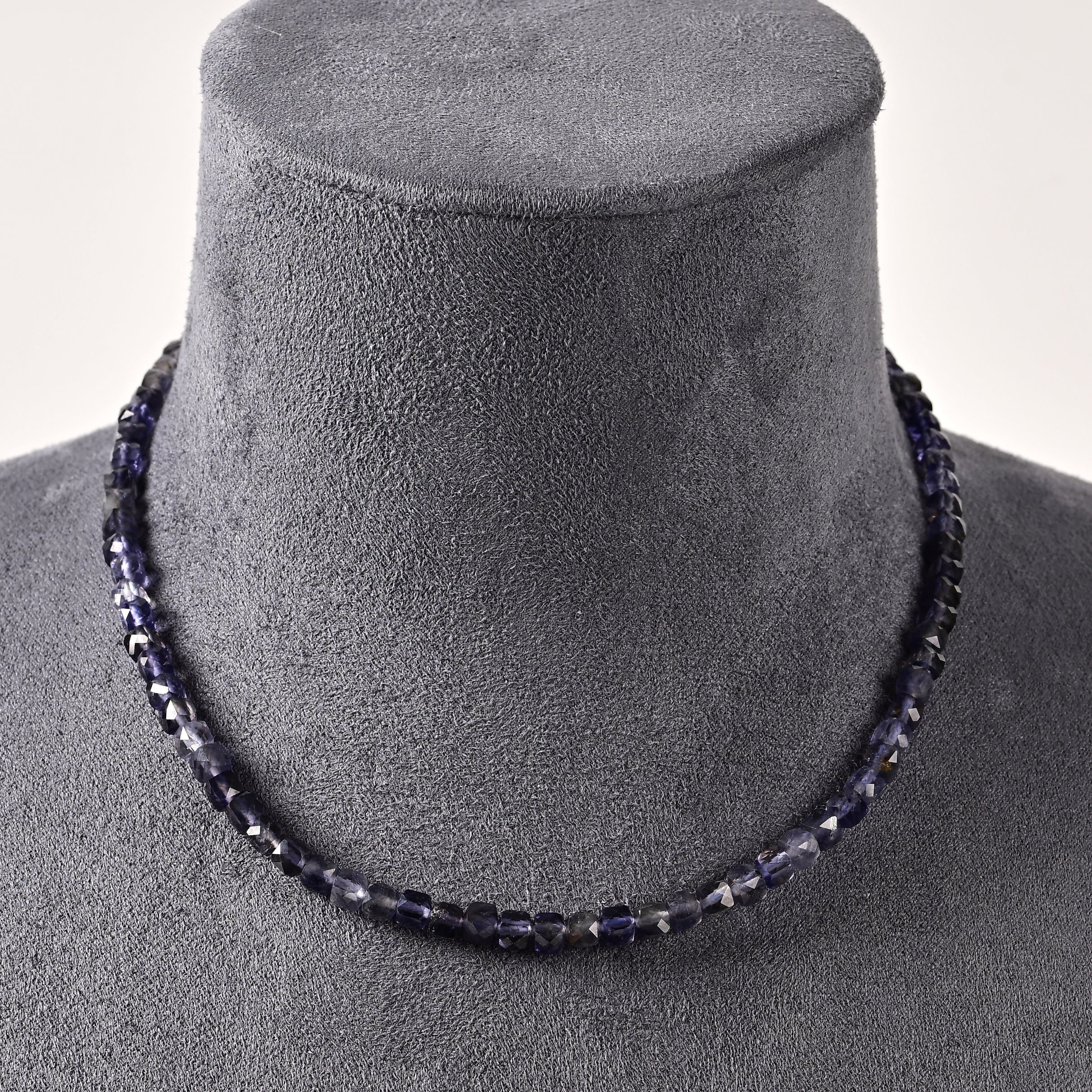 Natural Iolite Faceted 4mm Barrel 16in Necklace with Sterling Silver Extender