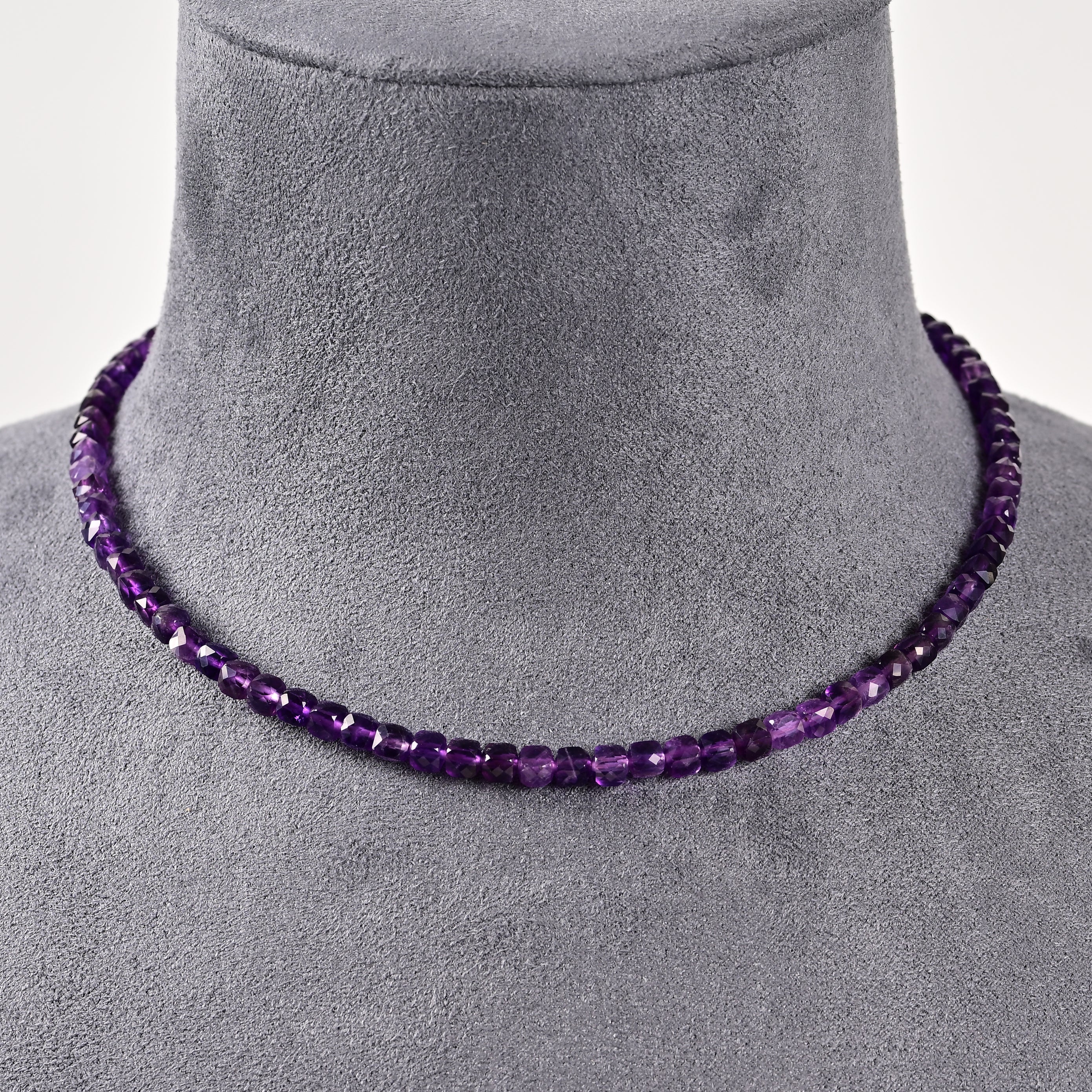 Natural Amethyst Faceted 4mm Barrel 16in Necklace with Sterling Silver Extender