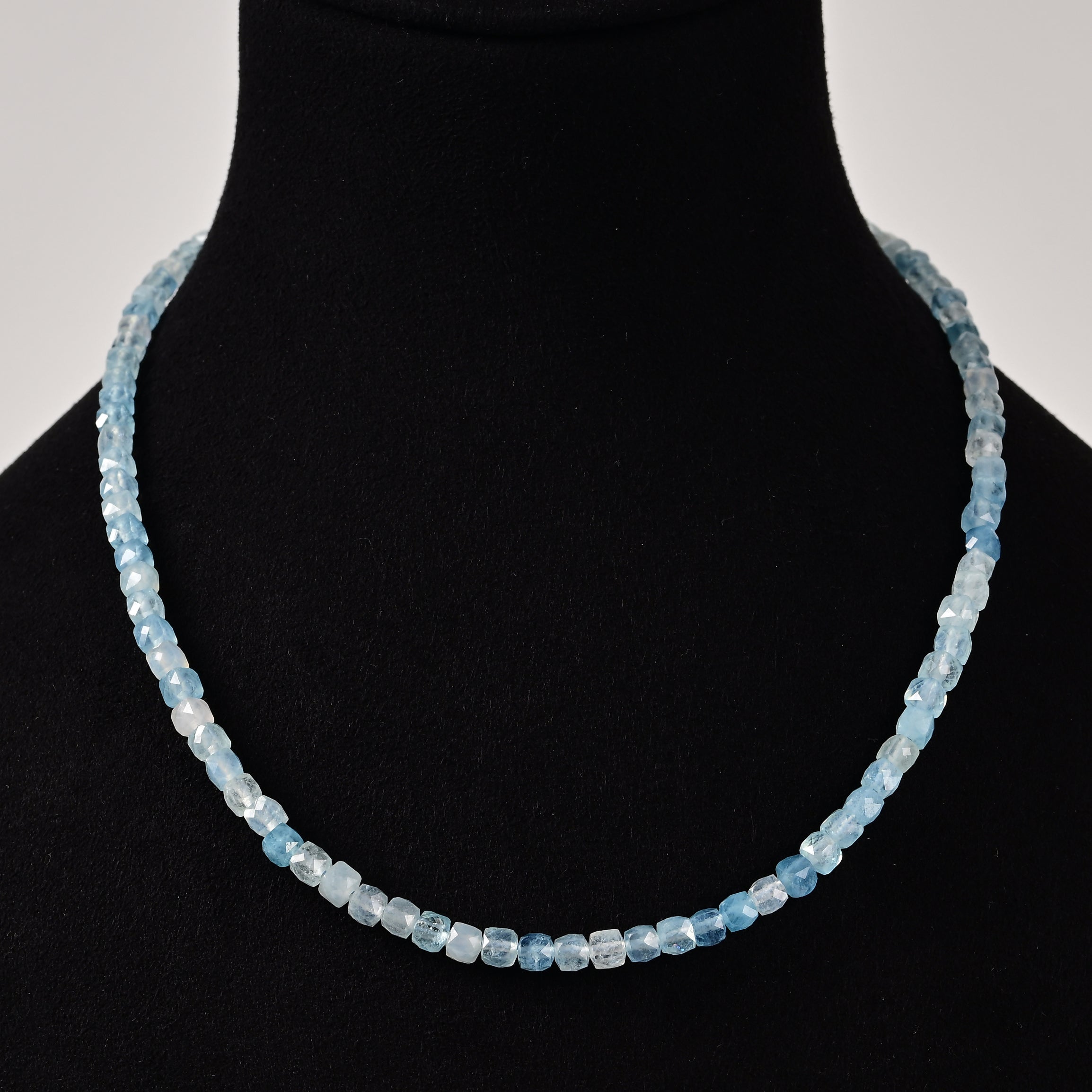 Natural Aquamarine Faceted 4mm Barrel 16in Necklace with Sterling Silver Extender